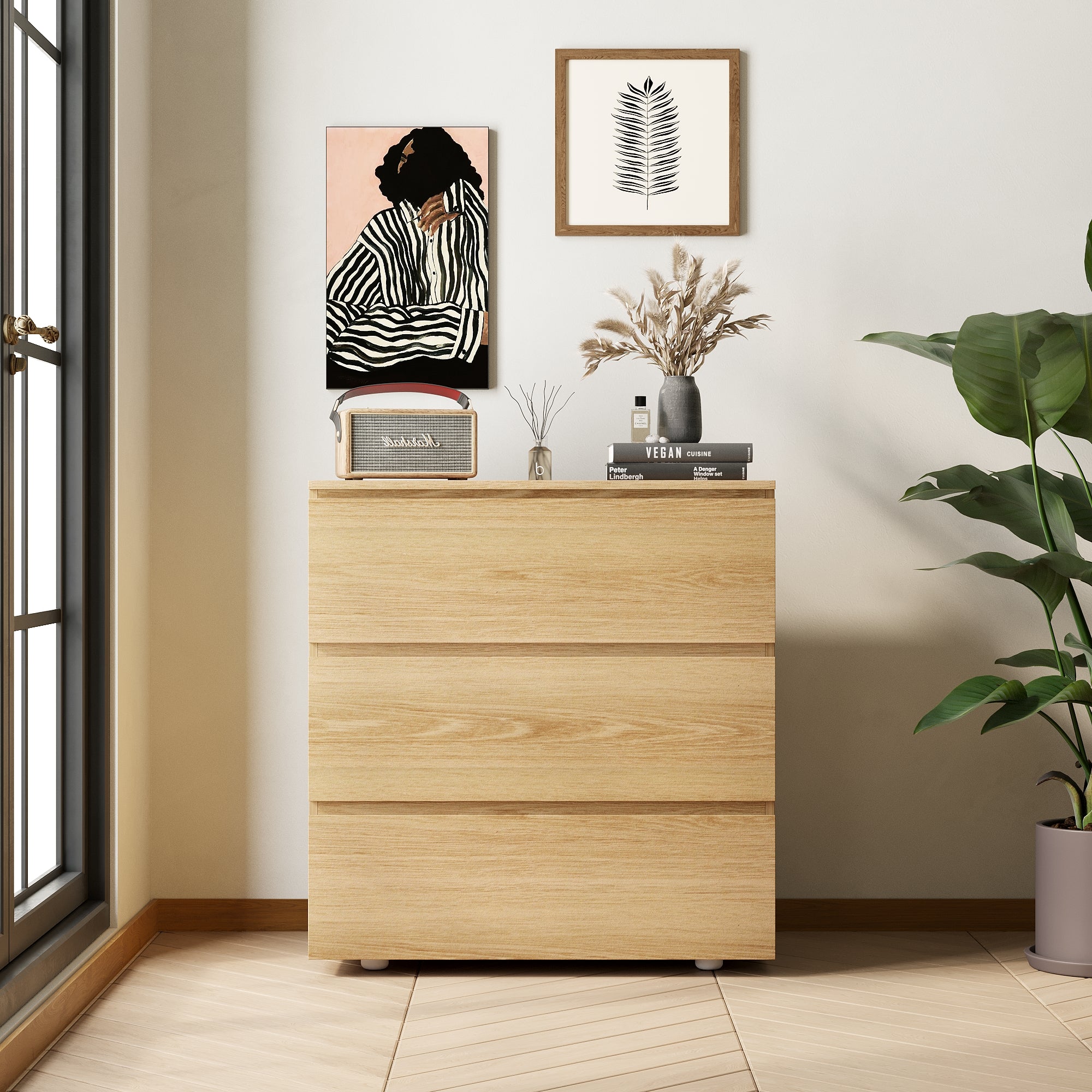 Chest of 3 Drawers Storage Dresser White Sideboard with 3 Drawers No-Handle Organizer