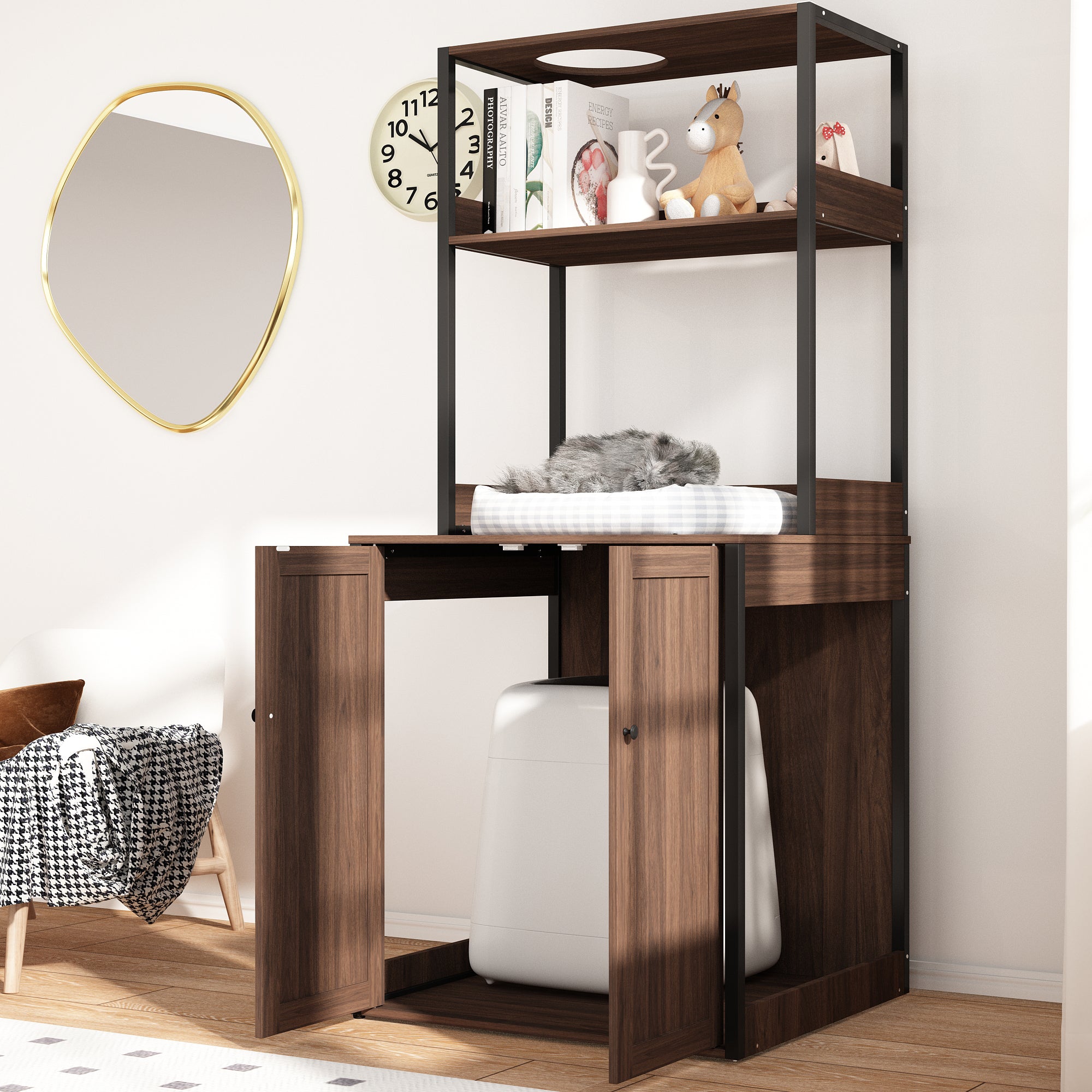 30.8 inches Walnut Wood‑Grain Cat Litter Box Enclosure with Multi‑Level Cat Perch and Storage Shelves
