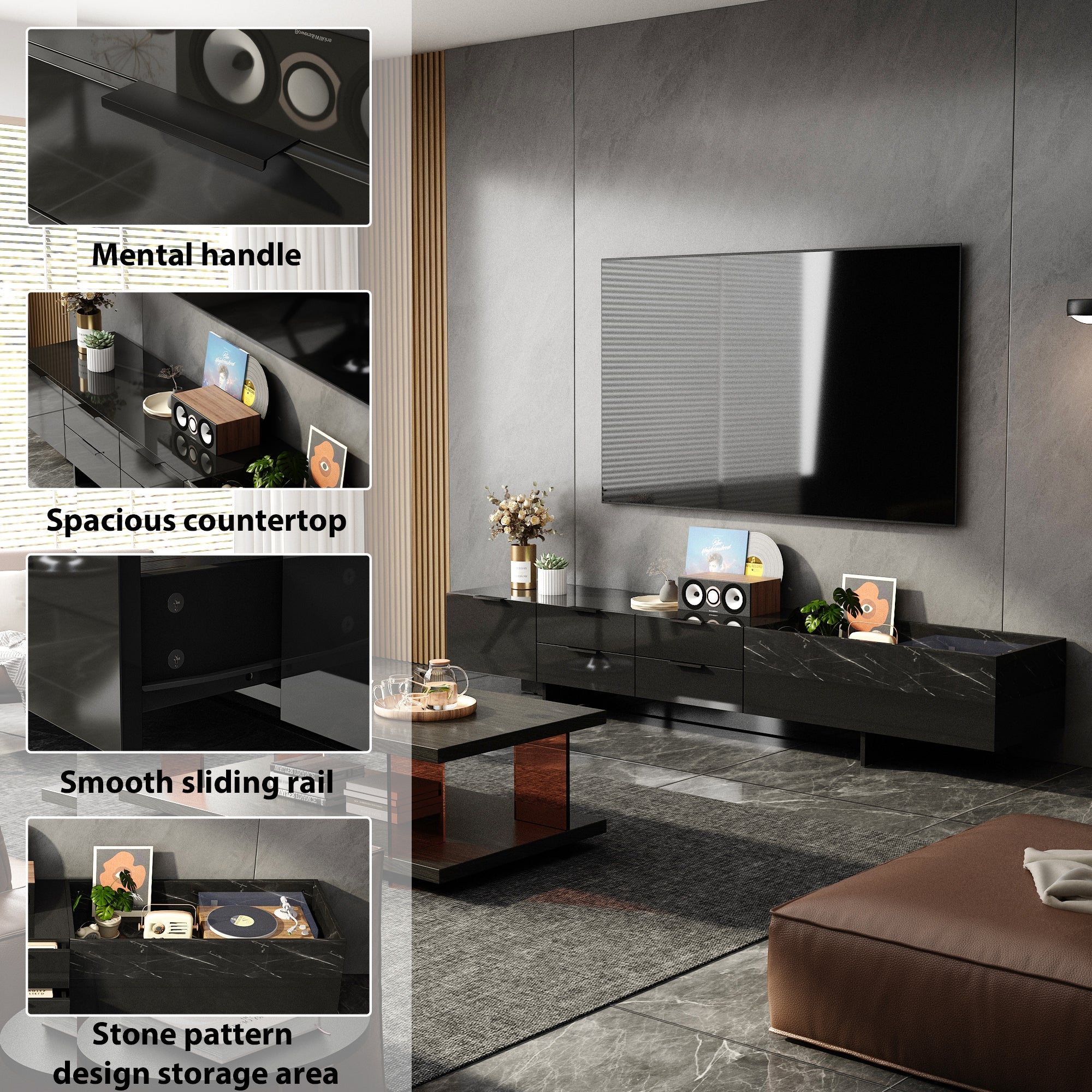 78.7'' W 5-Drawer High-Gloss Surface TV Stand Media Center With Stone Texture Design Groove Storage