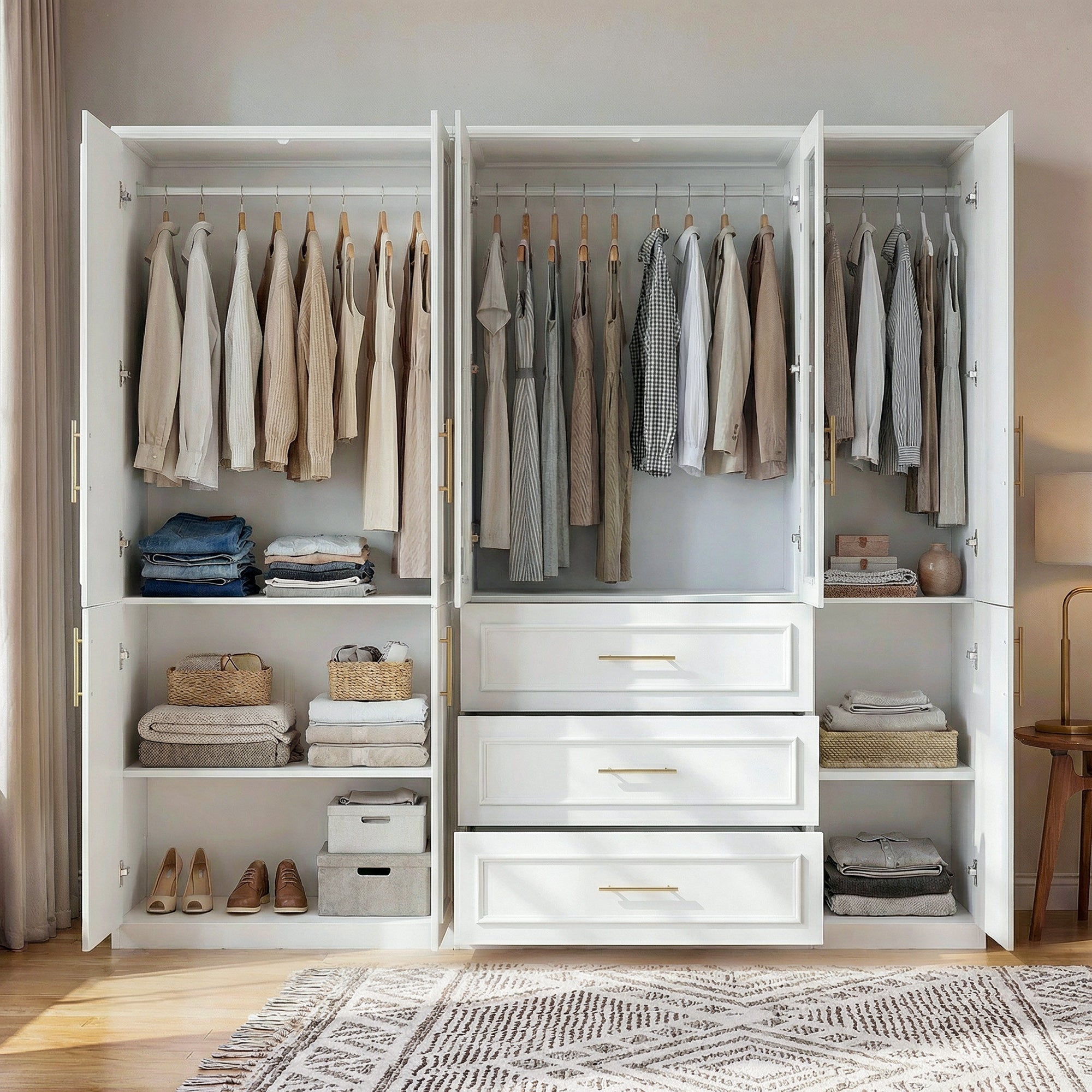 79.3 inch Luxe White Armoire with 8 Doors and 3 Drawers