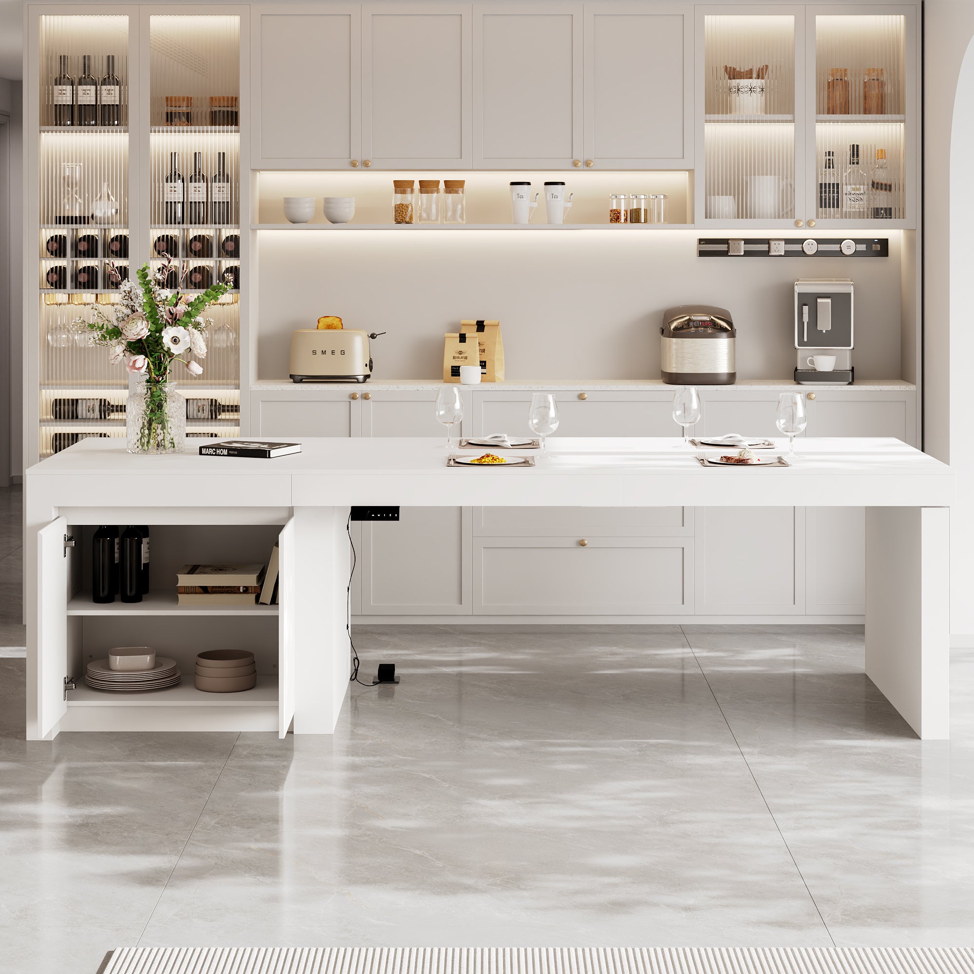 Modern white kitchen island with height-adjustable top and storage cabinets