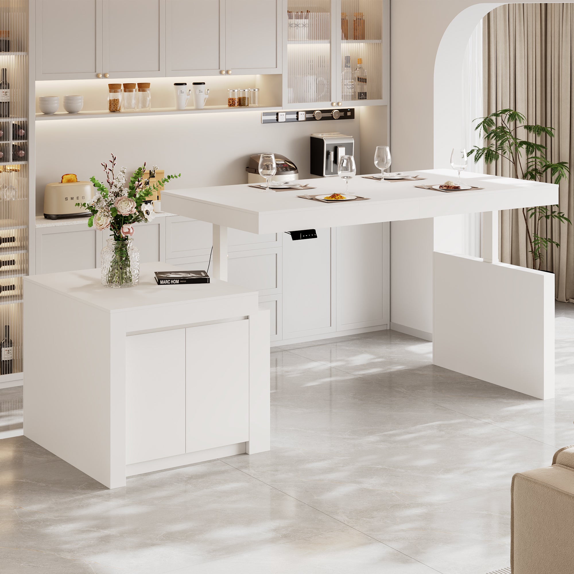 Modern white kitchen island with height-adjustable top and storage cabinets