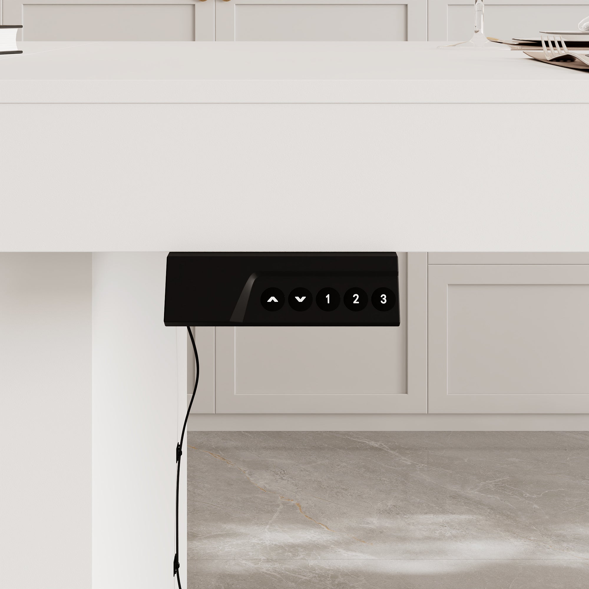 Modern white kitchen island with height-adjustable top and storage cabinets