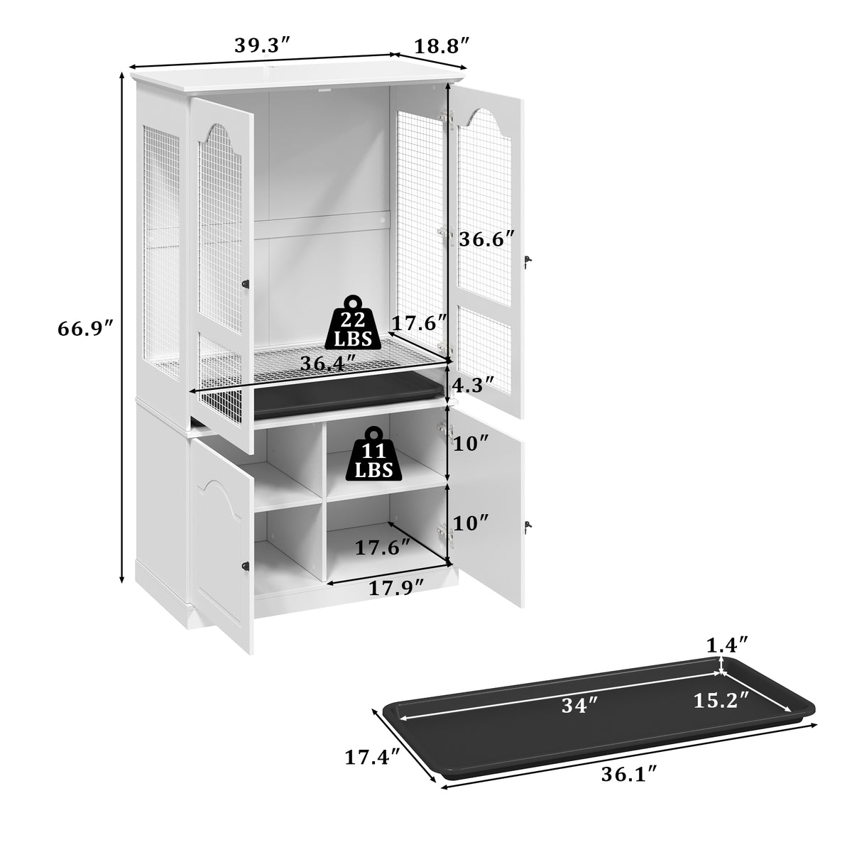 Dimensions of a pet cage with various measurements labeled