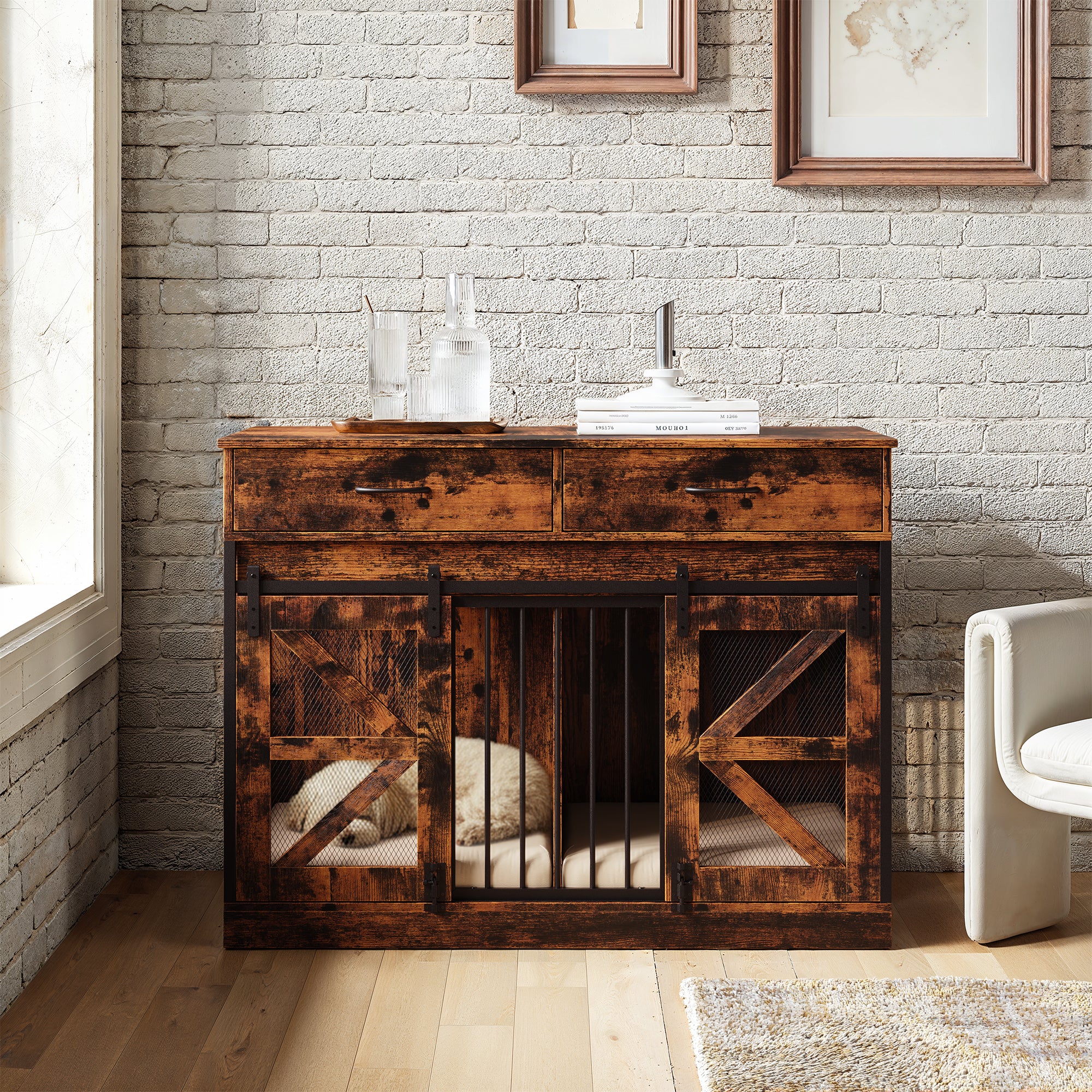 Small Dog Crate With Barn Doors, Steel Frame, Double Rooms