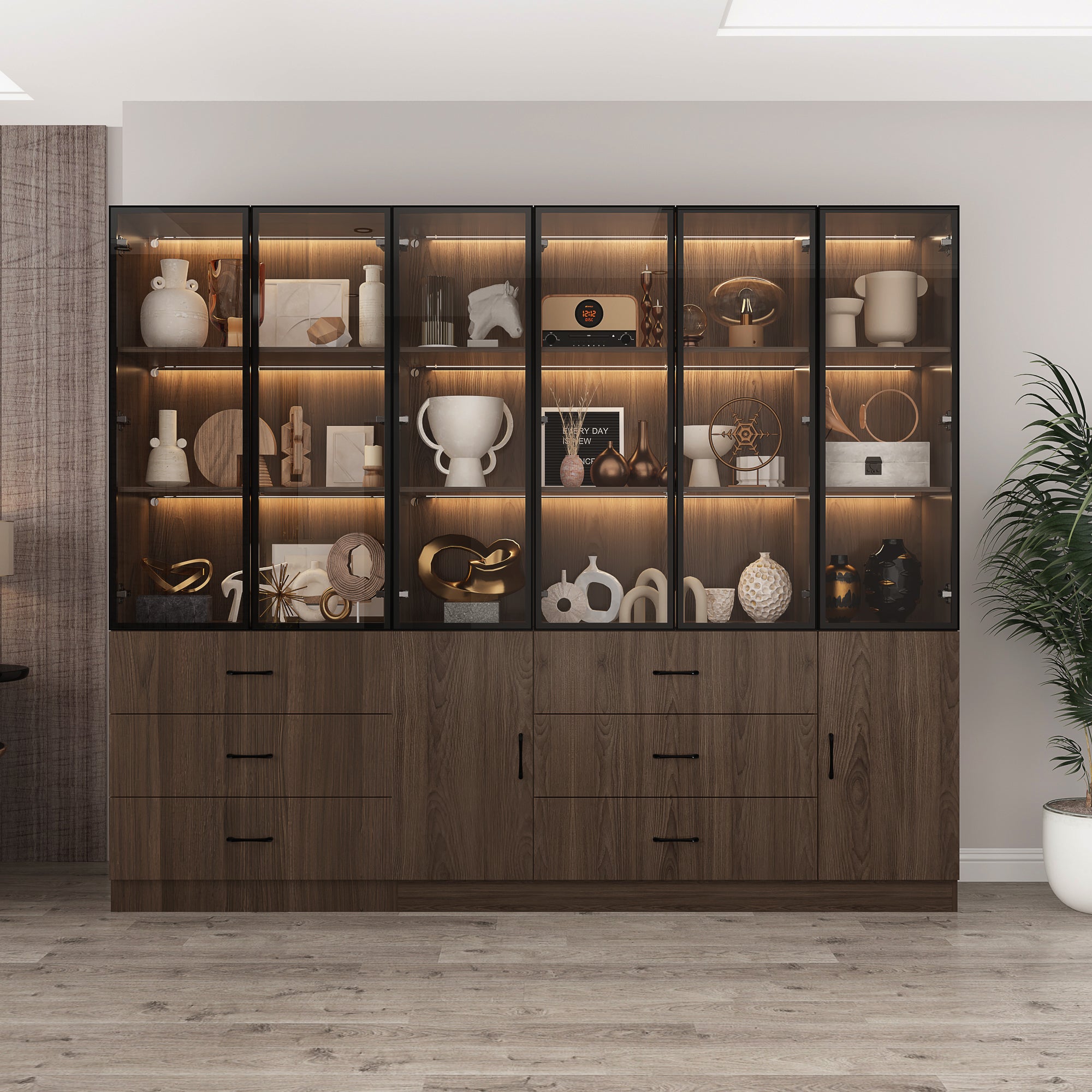 94.4" Wide Glass Door & LED Lights Display Case Curio Cabinet