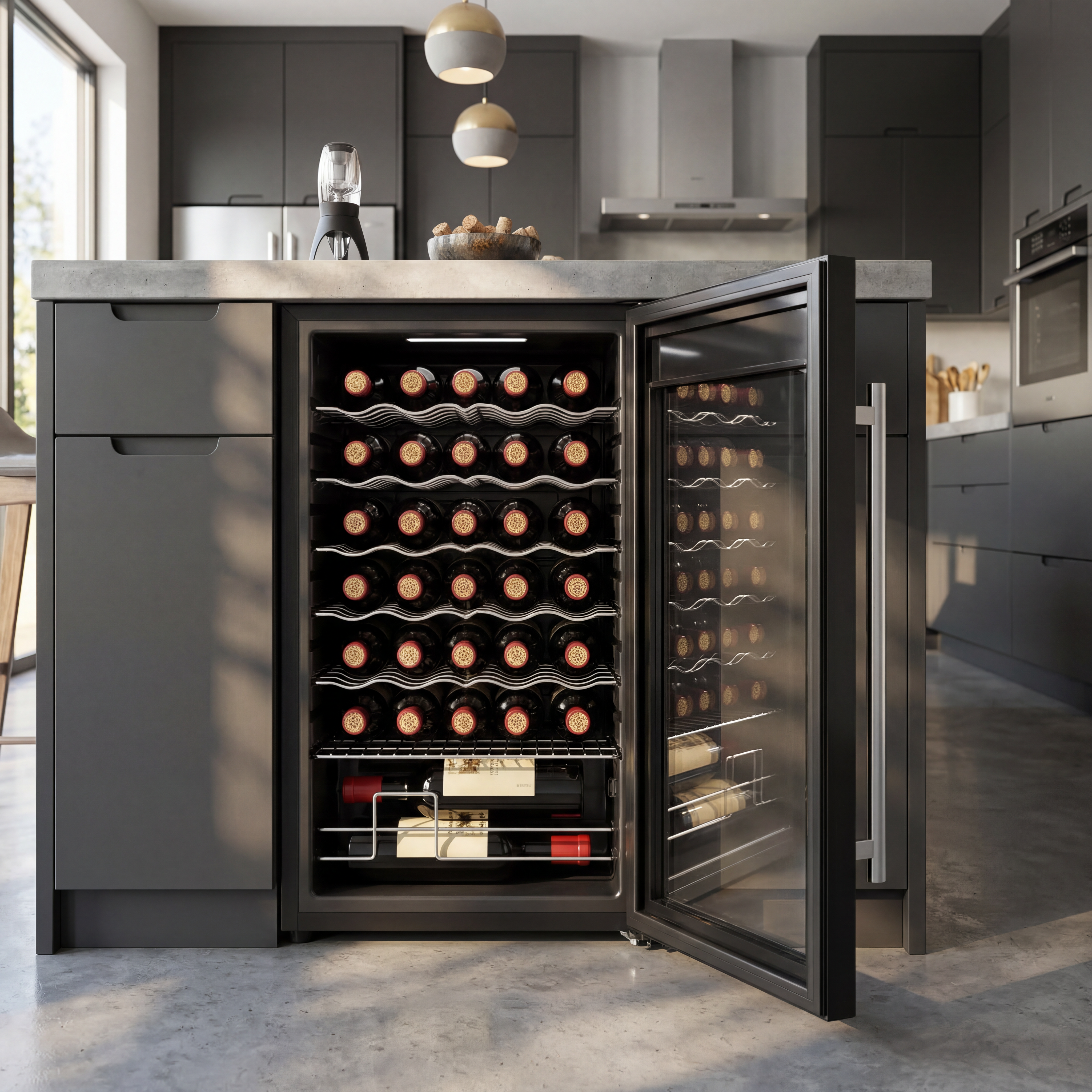 Black wine fridge with glass door and digital temperature display
