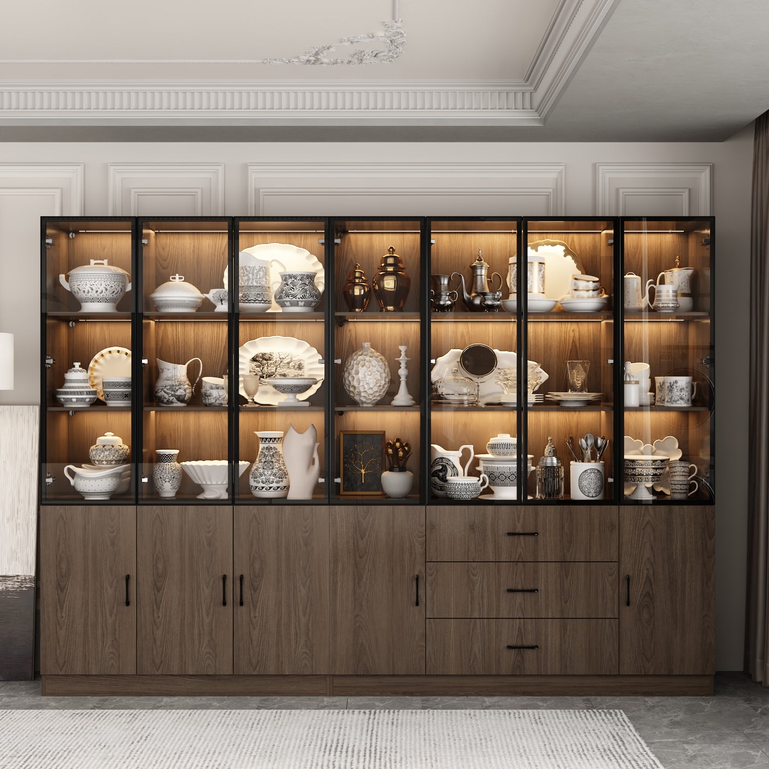 110.2'' W Glass Doors Display Case Curio Cabinet With Drawers ,Shelves,LED Lights