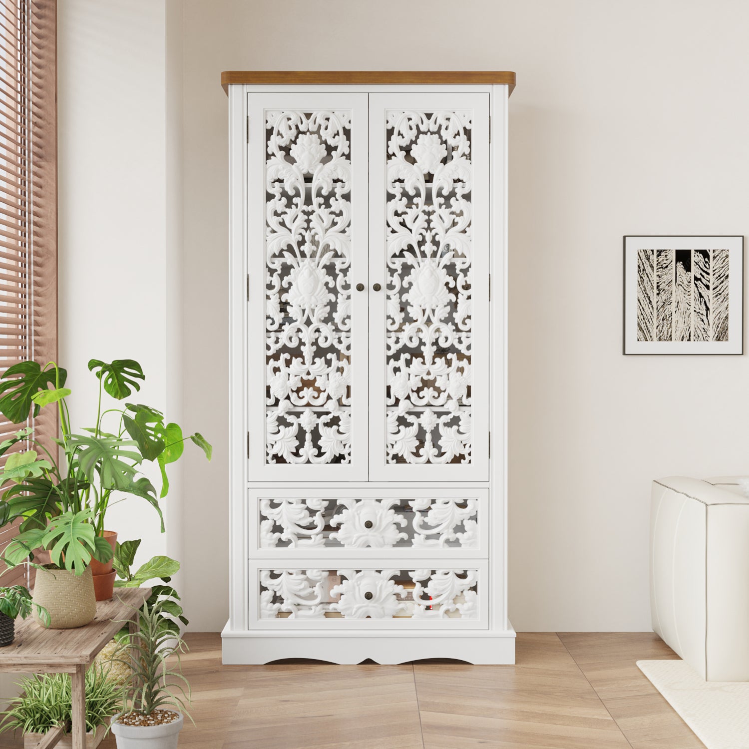 Dining room with a white ornate cabinet and wooden table