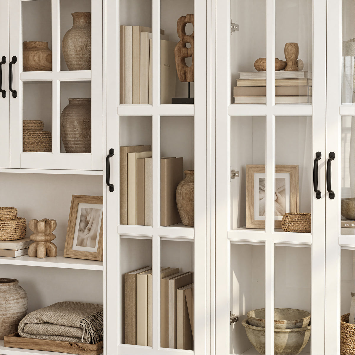 110 inch Elegant White Standard Storage Bookcase with Glass Doors and Shelves