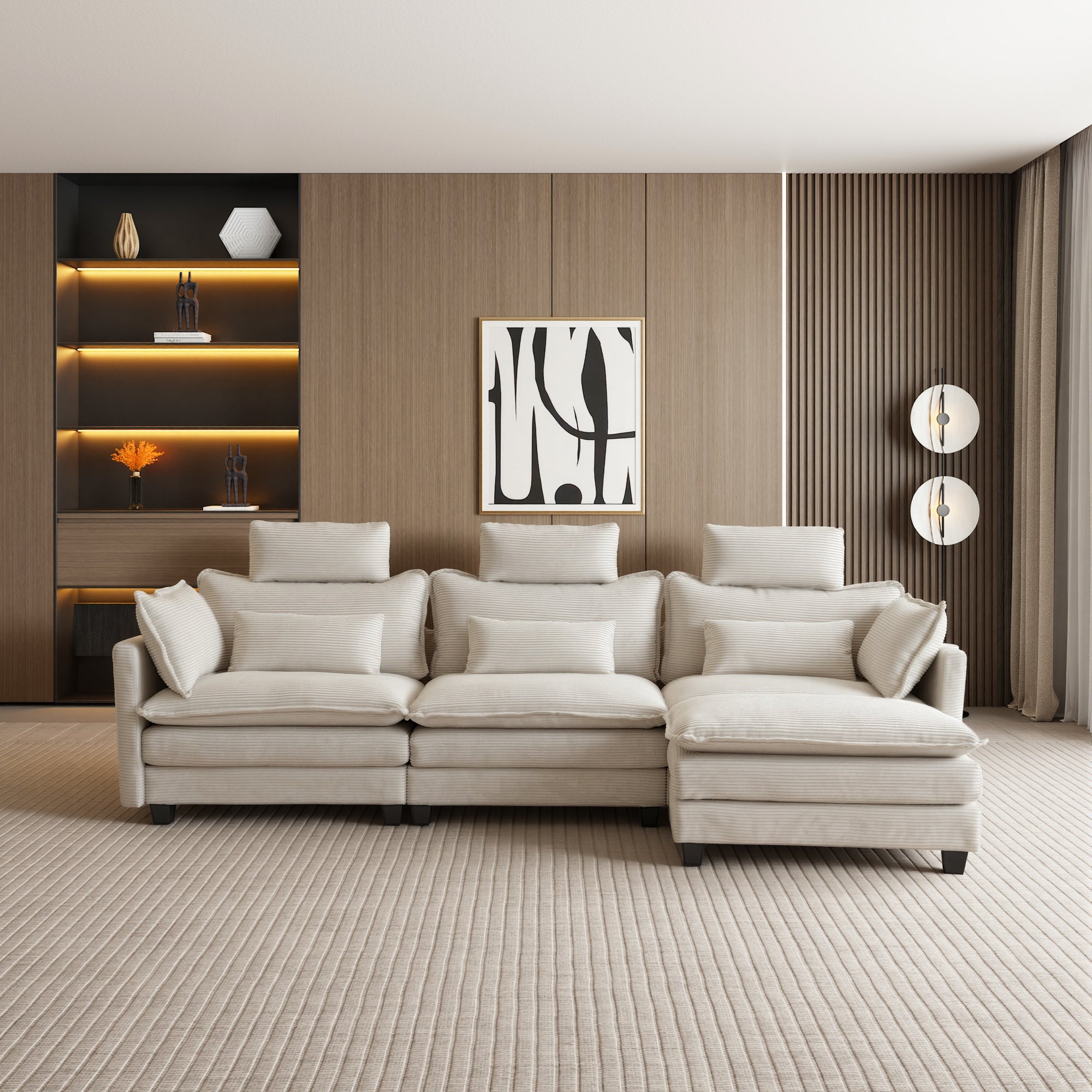 112" L-Shaped Modular Sectional Sofa with Ottoman, Corduroy Cloud Couches with Memory Foam and Pillows Sets, Upholstered 3-Seater Sofa for Living Room
