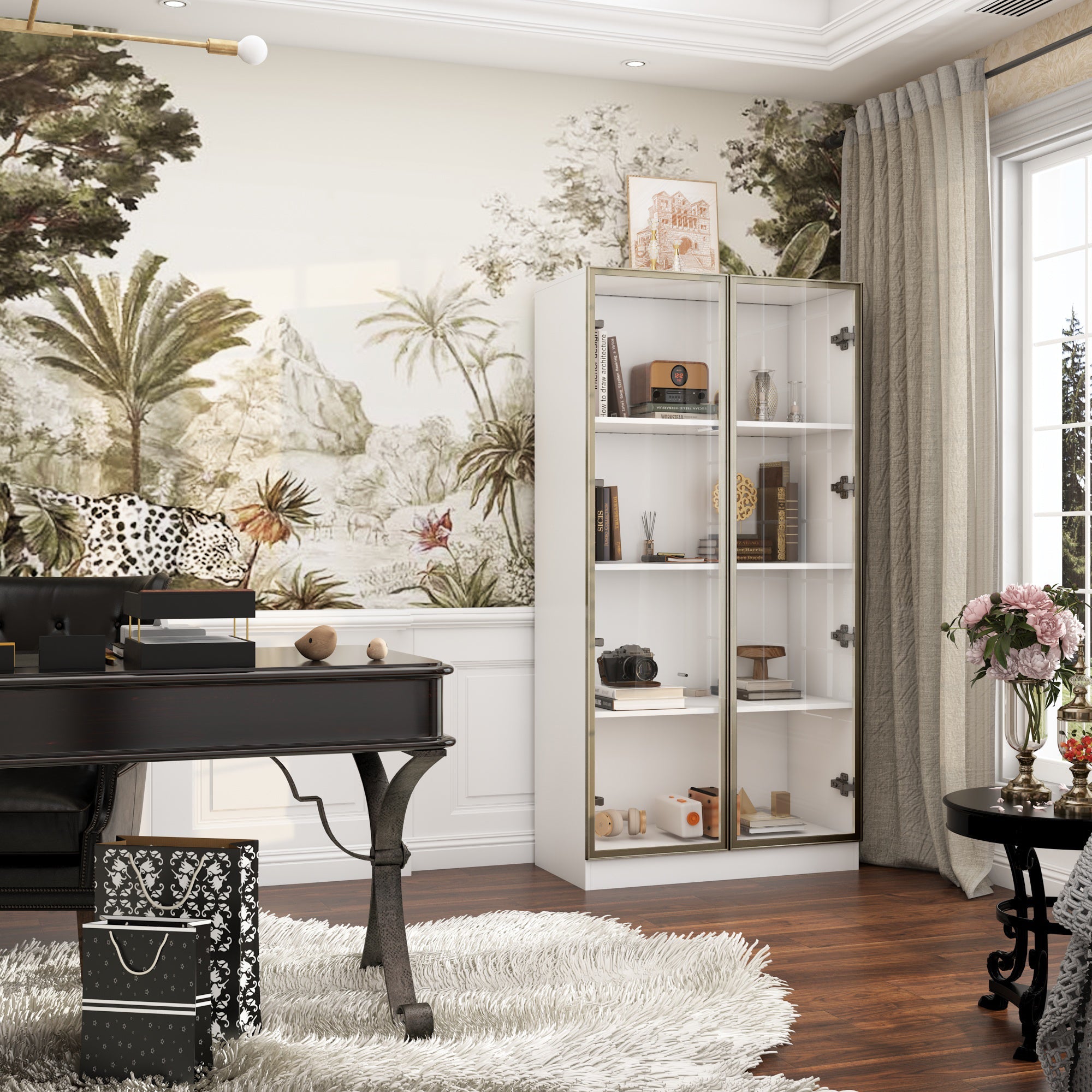 Display Cabinet Bookcase with Lights and Glass Doors