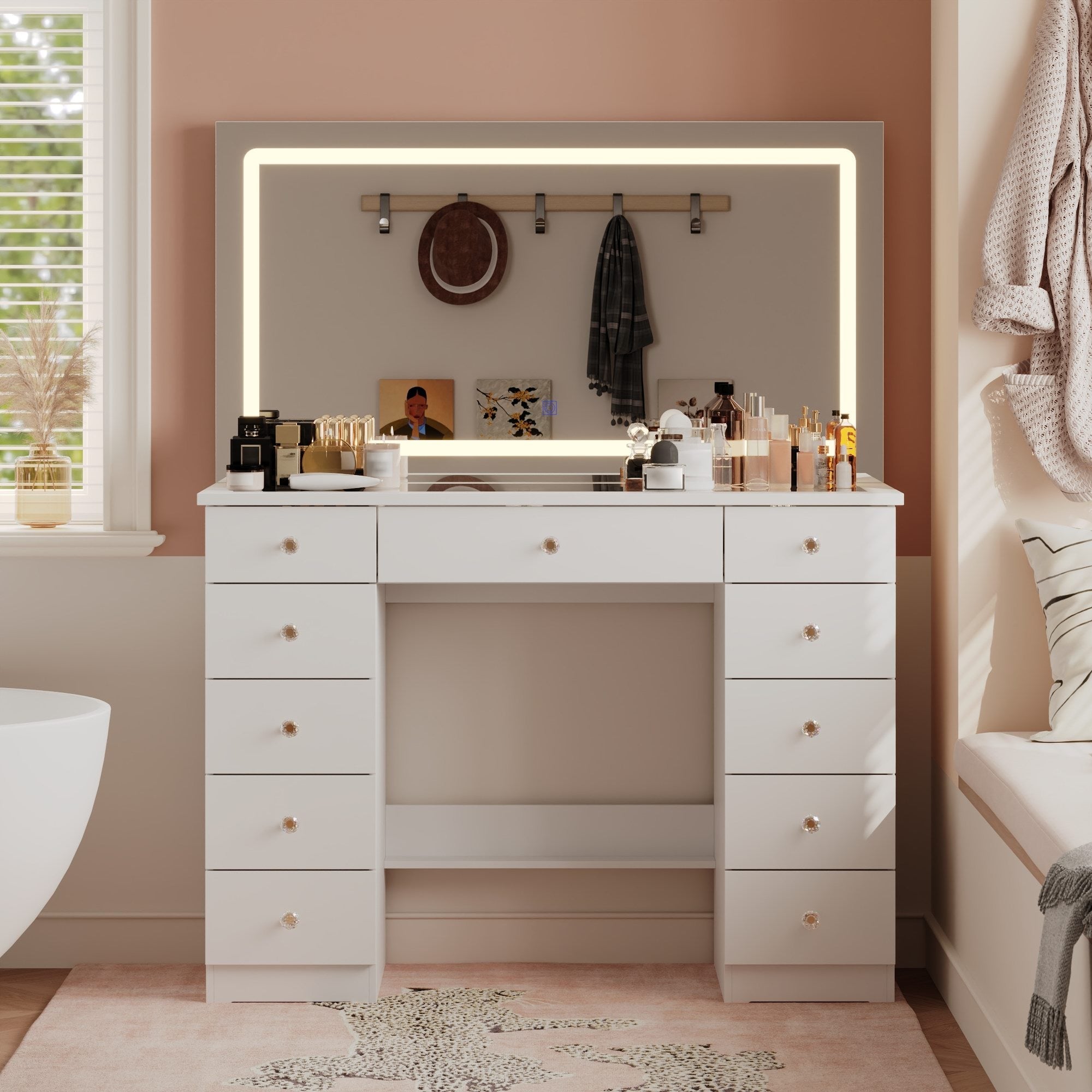 Modern Makeup Vanity With LED Lights And Glass Top - Stylish 9-Drawer Beauty Table