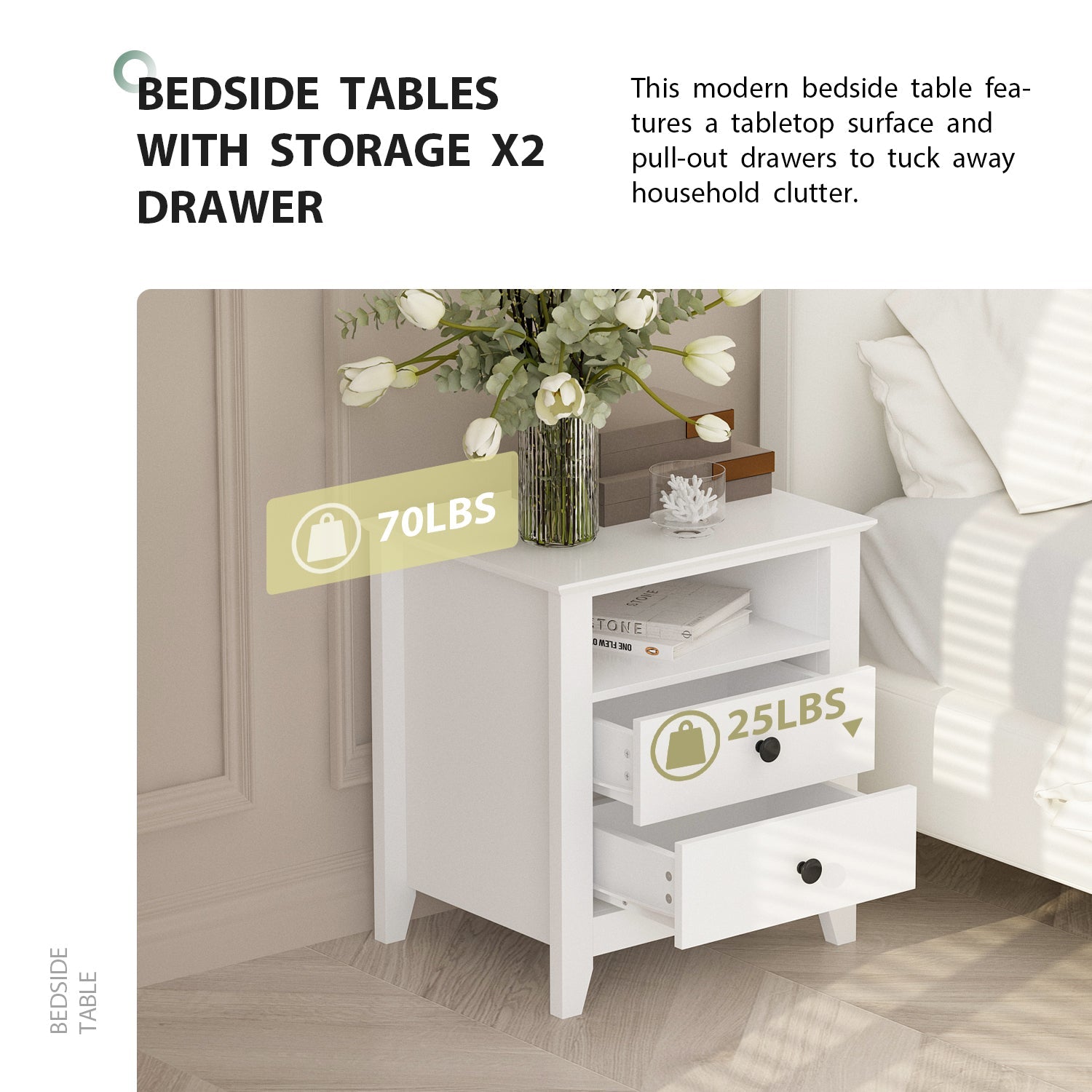End Table Side Table with 2 Drawers & Shelf Bedside Table Nightstand with Wooden Legs