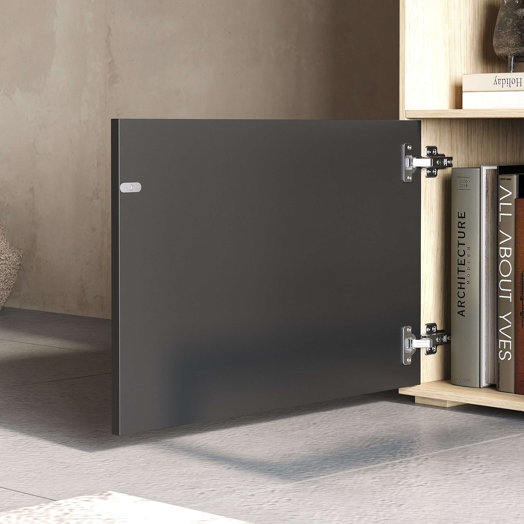 Modern 3-Piece Entertainment Center With Overhead Cabinets And 69" TV Stand, Natural Wood And Black Finish