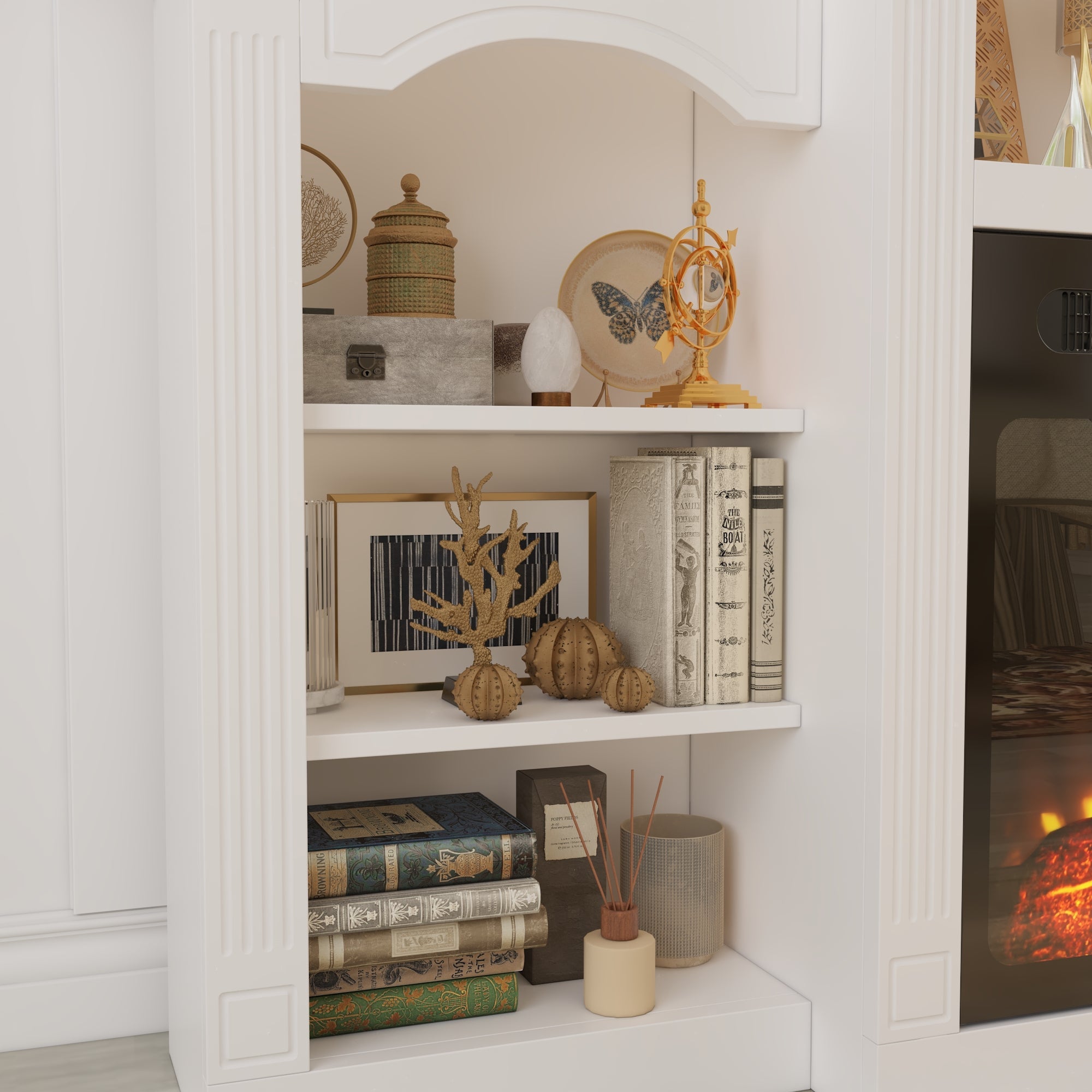 59'' W White Fireplace Heater TV Stand With Open Shelves & Timer