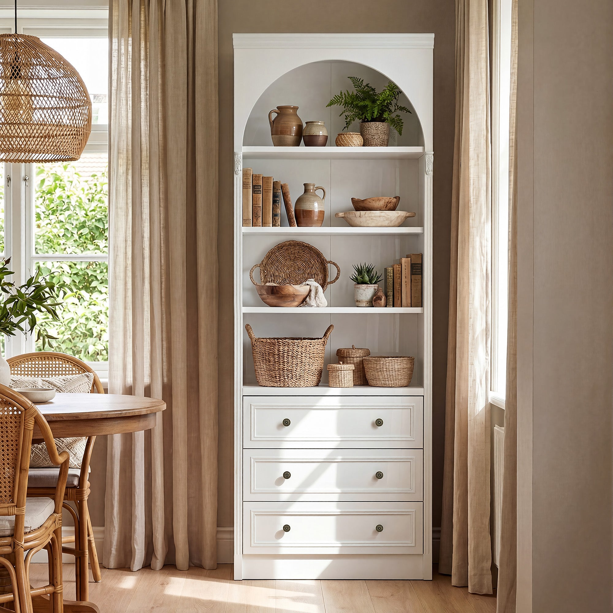 White display cabinet with open shelves, 3 drawers, and labeled dimensions diagram