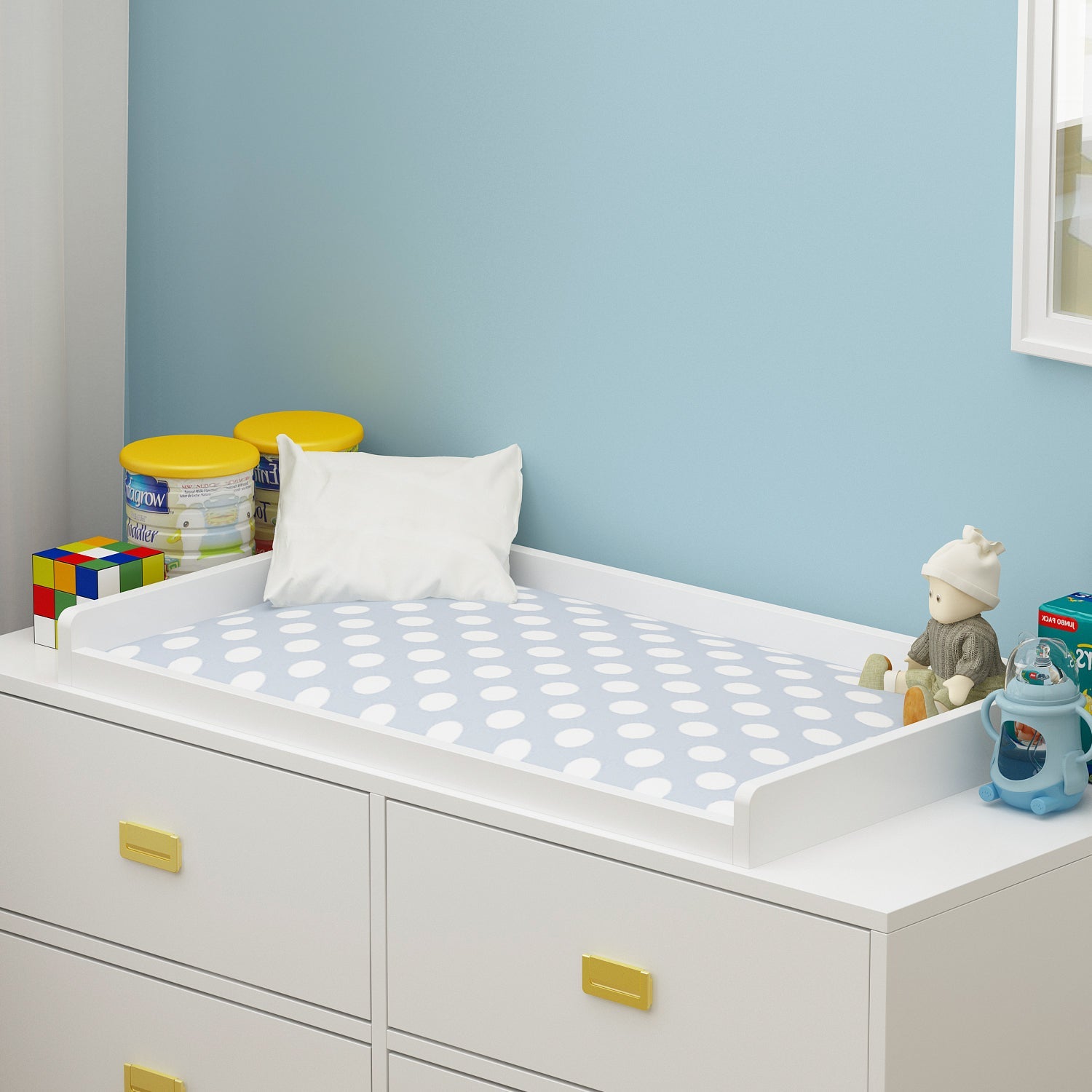 Changing Table Nursery Dresser Nontoxic Sideboard in White Finish with 6 Drawers