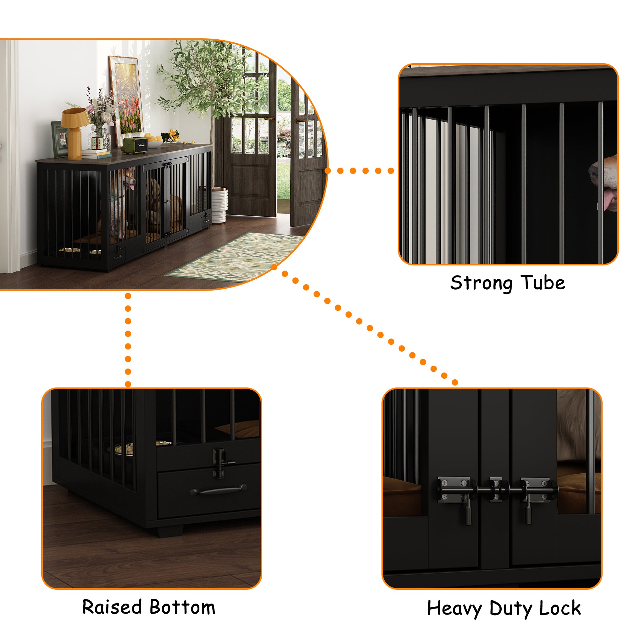 Large Dog Crate Furniture With Pull-Out Dog Bowls And Divider