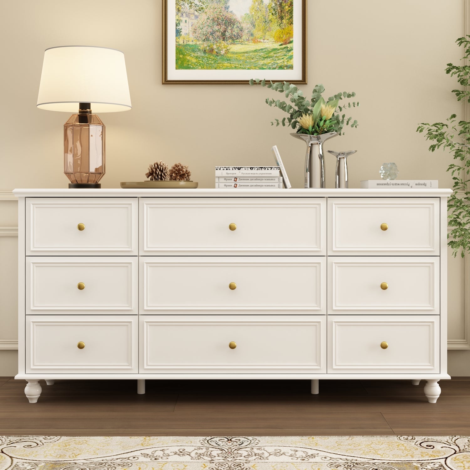 Modern 9-Drawer Triple Dresser White Finish Wide Storage Chest