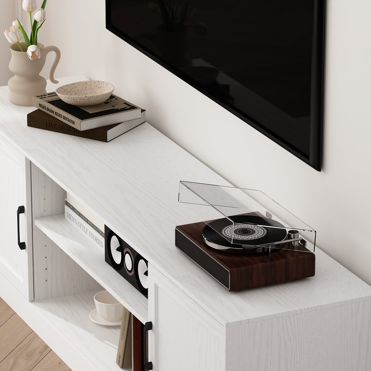 70.9" TV Stand With Adjustable Center Shelf, Black Metal Handles, And Dual Side Cabinets