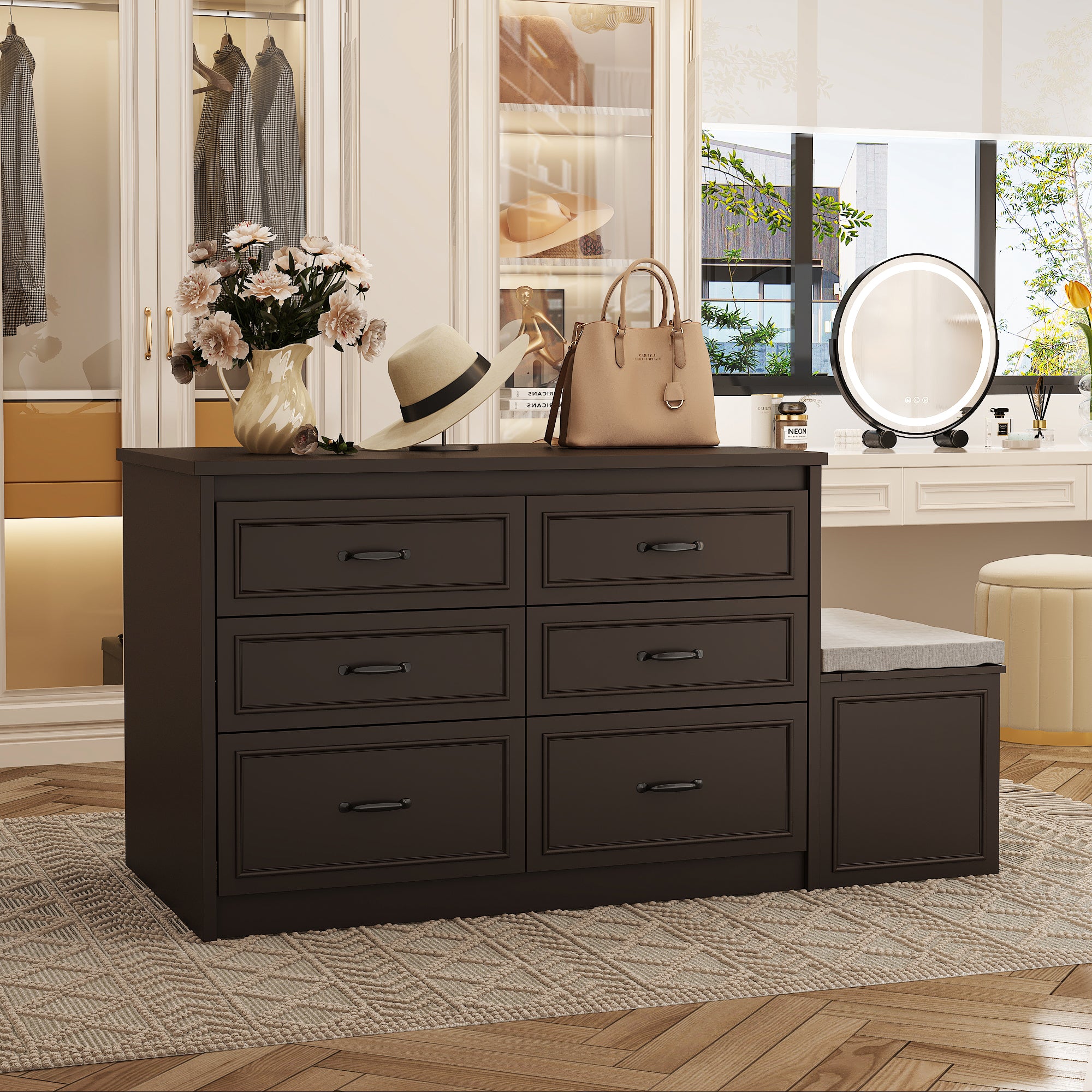 12-Drawer Closet Island With Built-In Shoe Bench