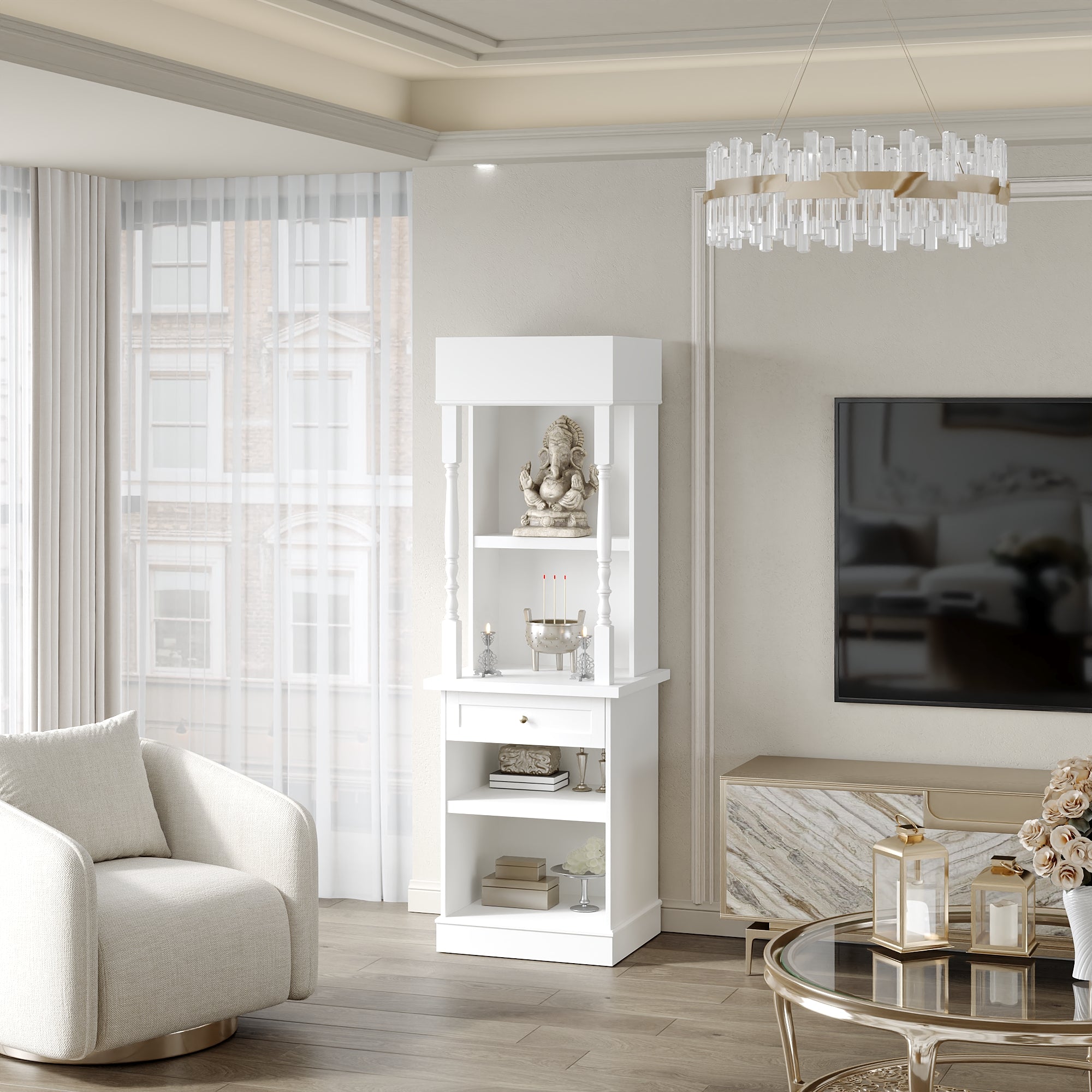 Modern White Tall Cabinet With 4 Open Shelves & 1 Drawer