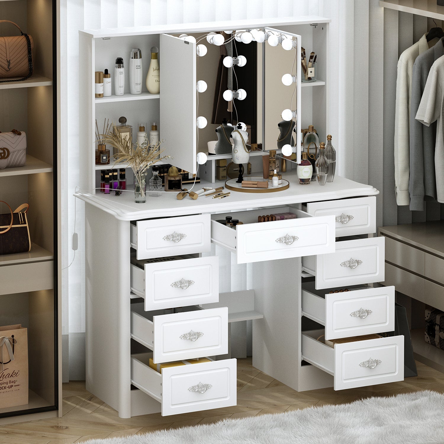 Modern 7 Drawers Vanity Table With Lights Mirror