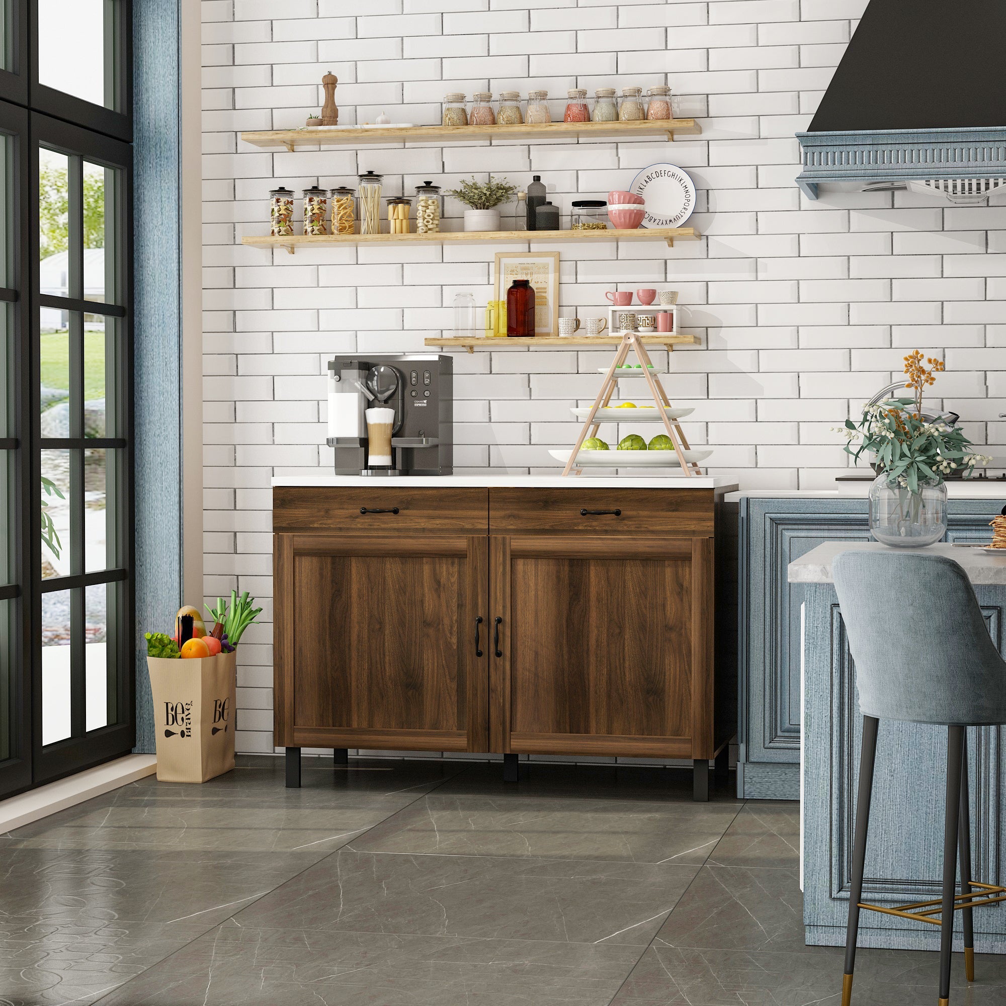 Wood Kitchen Island with Marble Veneer Countertop and Storage