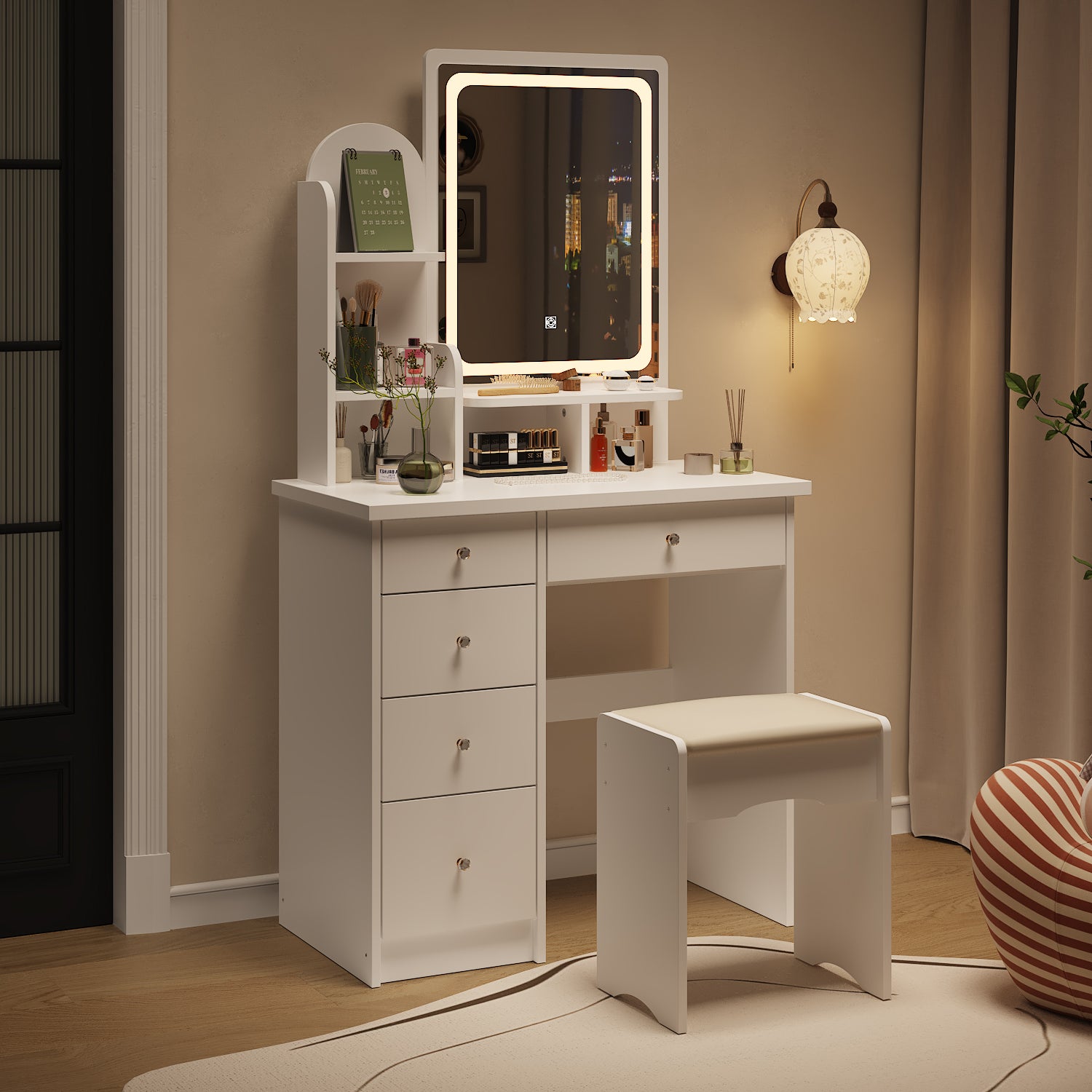 Modern Vanity Desk With LED Mirror, 5 Drawers, Shelves And Matching Stool, Makeup Dressing Table