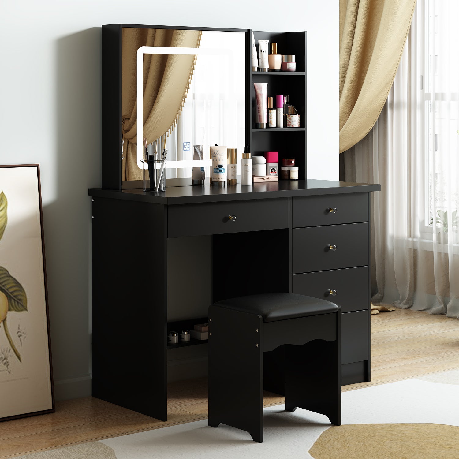 39.4'' Wide Makeup Vanity Set with Stool and Mirror