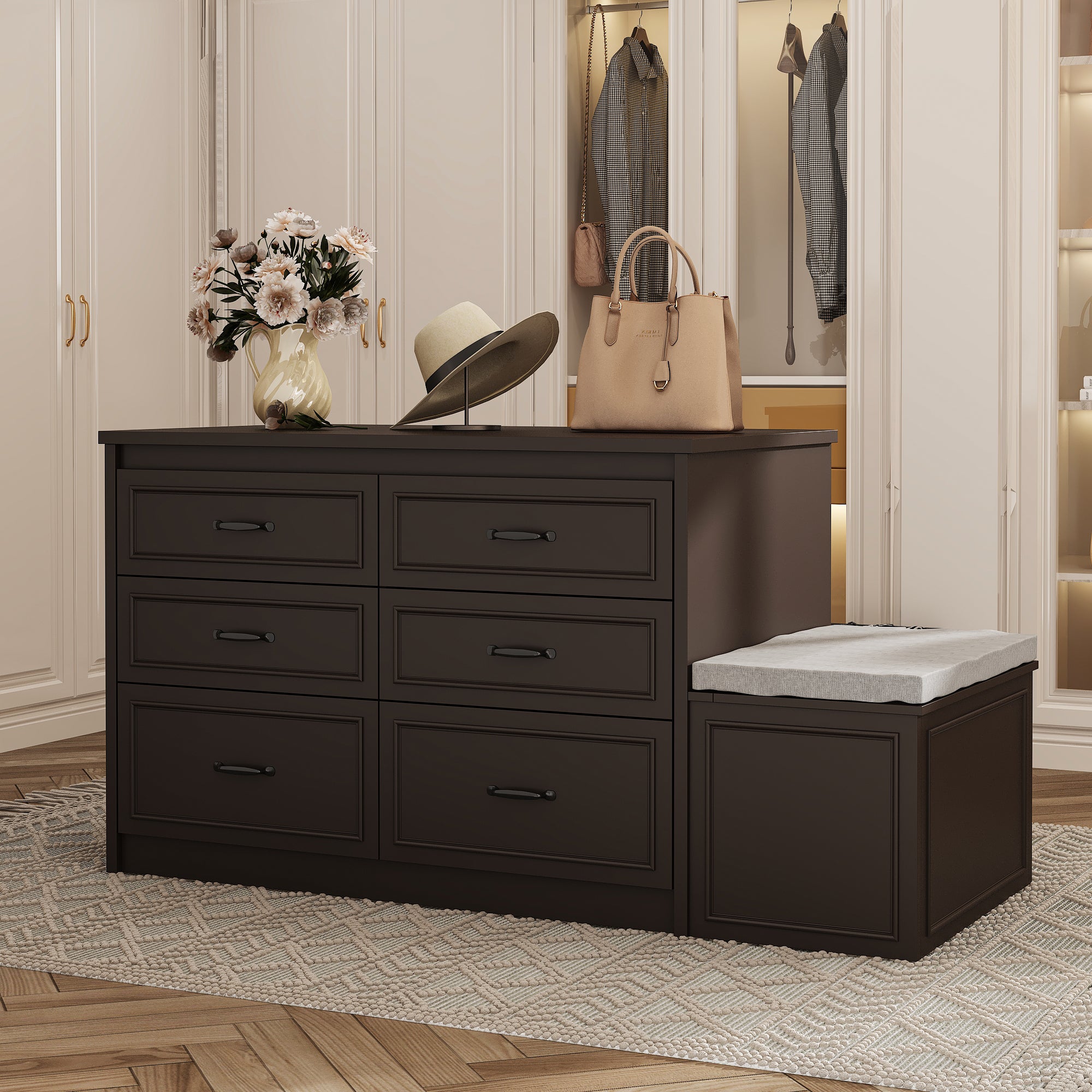 12-Drawer Closet Island With Built-In Shoe Bench