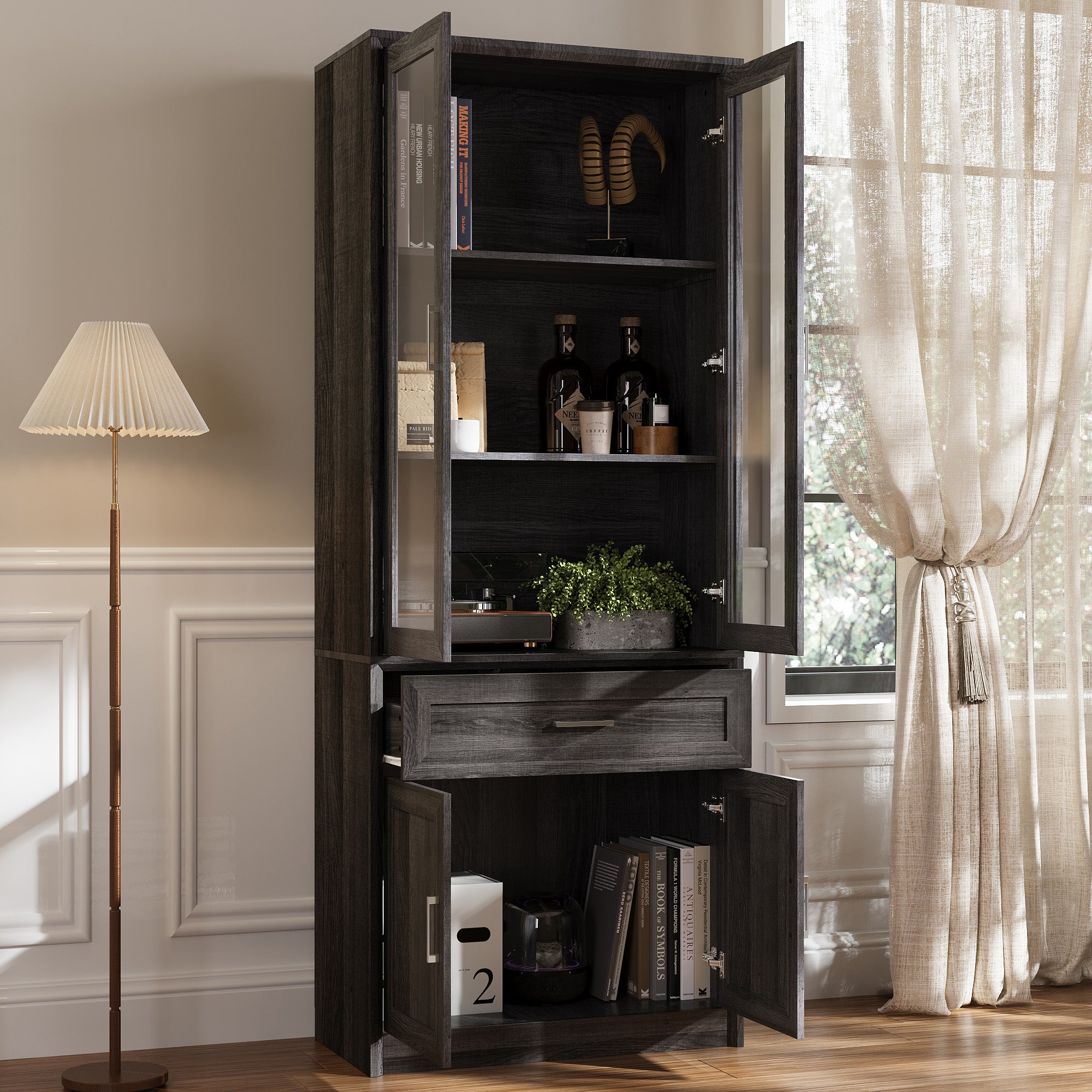 80'' H X 31.5'' W Bookcase With Glass Doors & Drawer