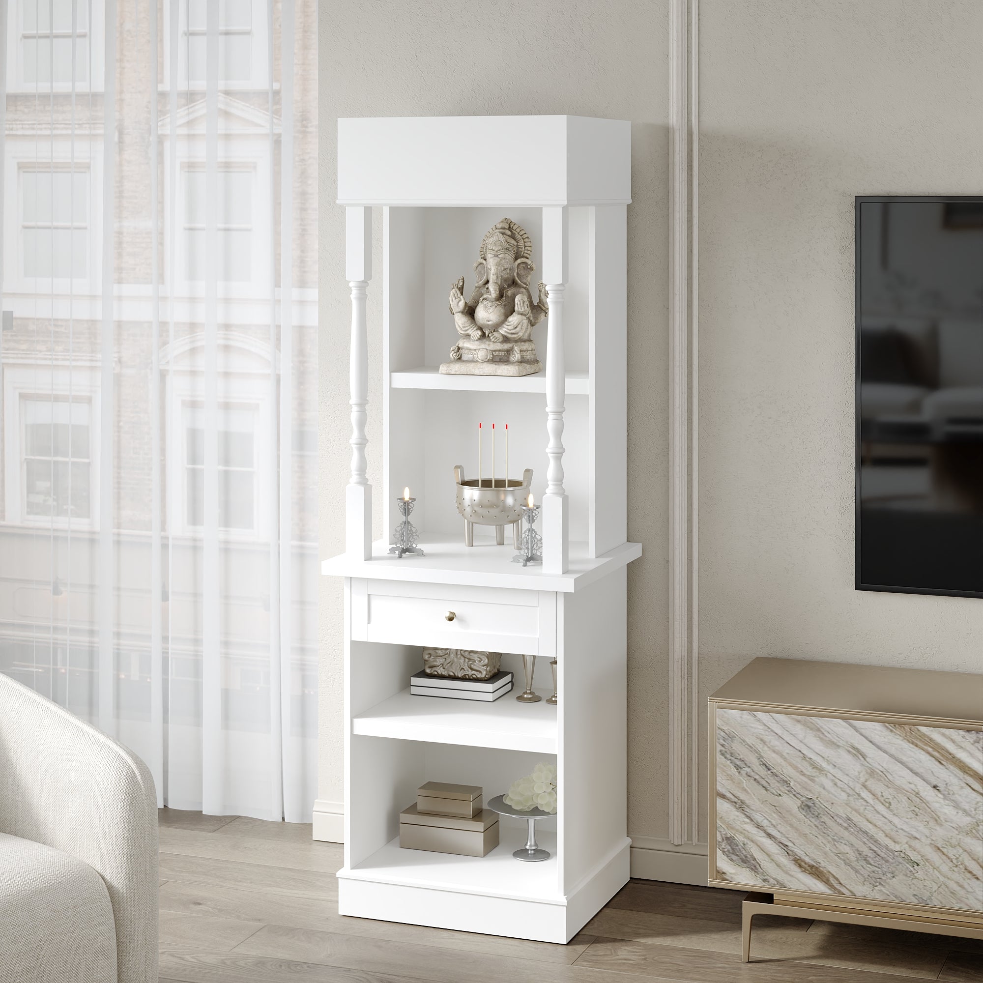 Modern White Tall Cabinet With 4 Open Shelves & 1 Drawer