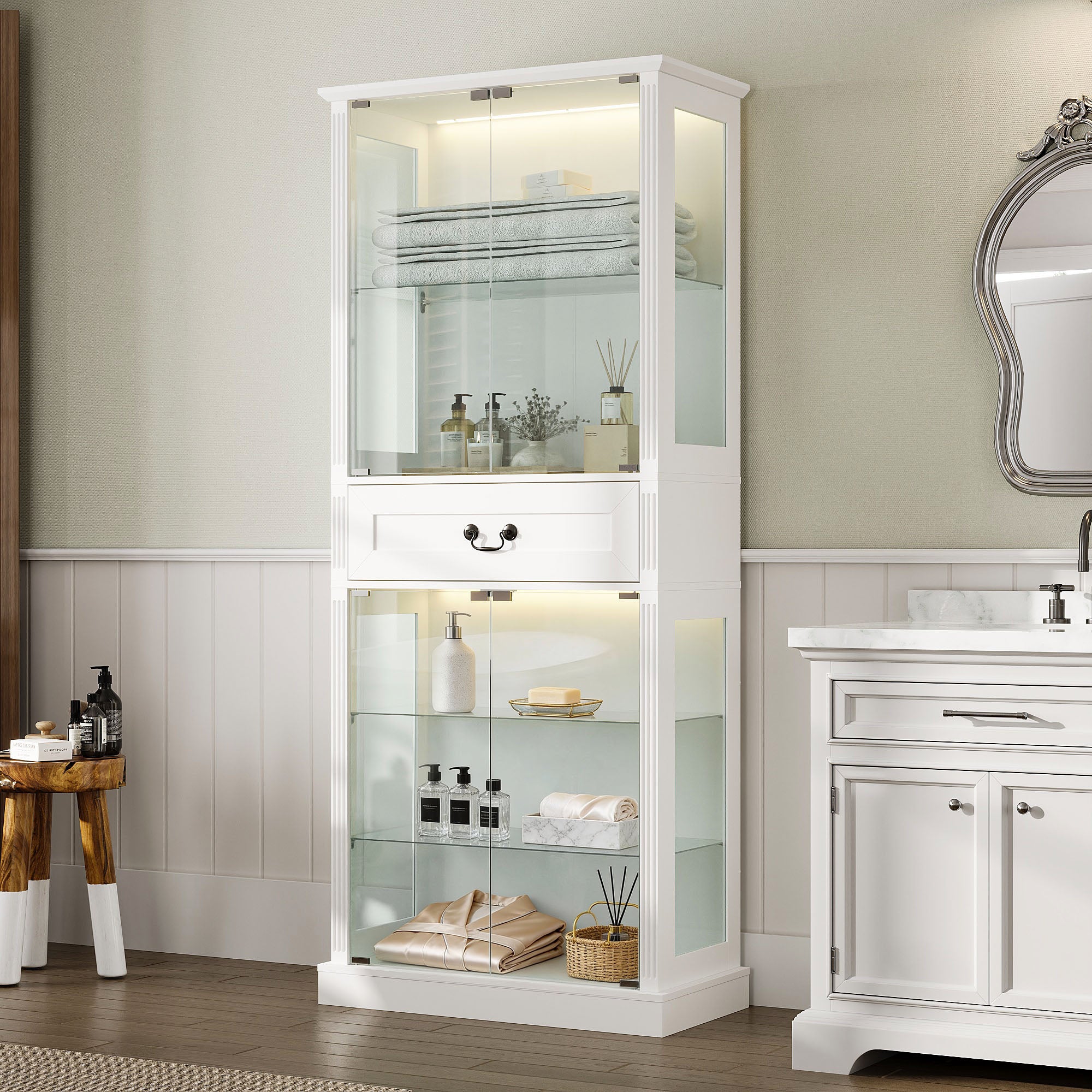 Elegant Bathroom Cabinet With Glass Doors & Smart LED Light