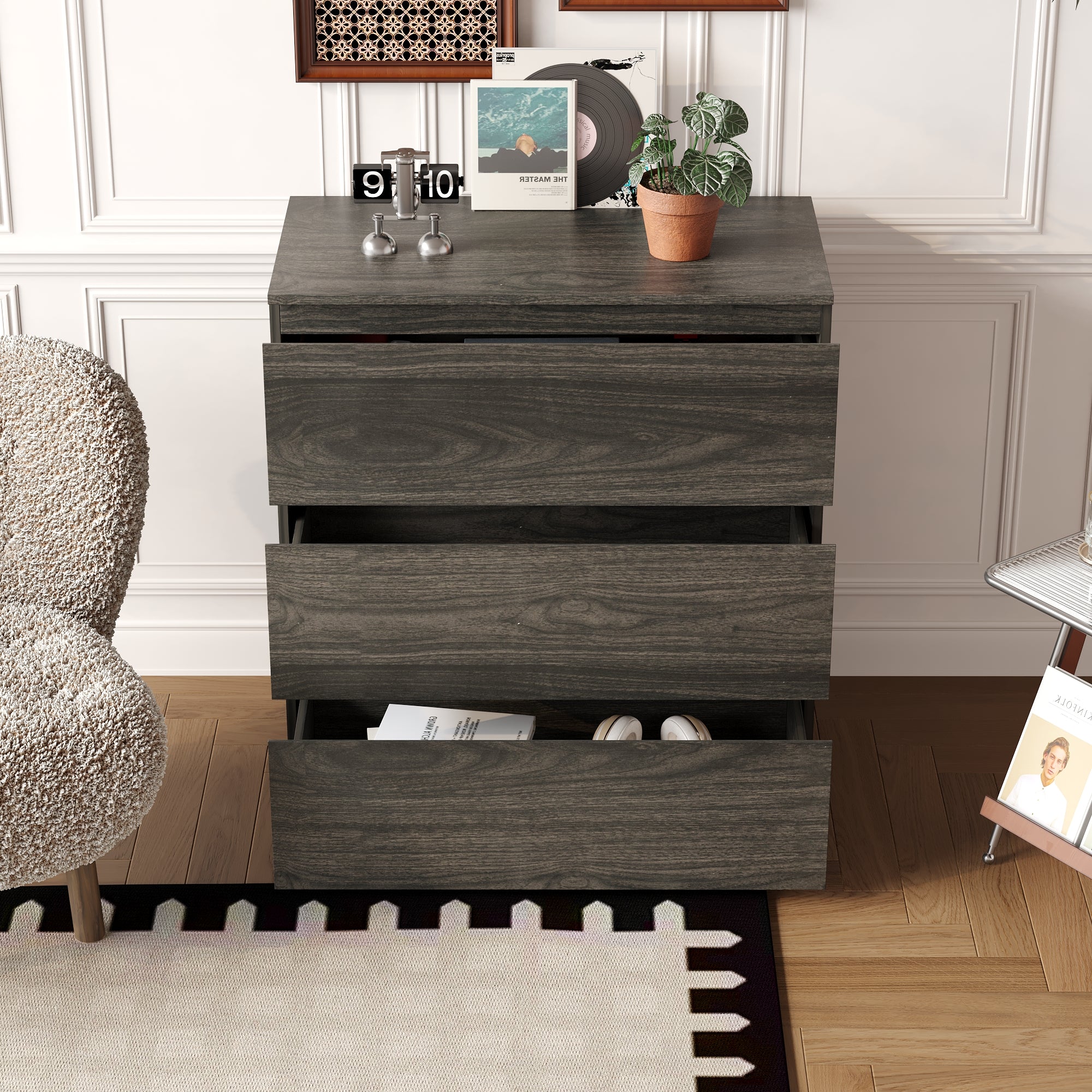 Chest of 3 Drawers Storage Dresser White Sideboard with 3 Drawers No-Handle Organizer