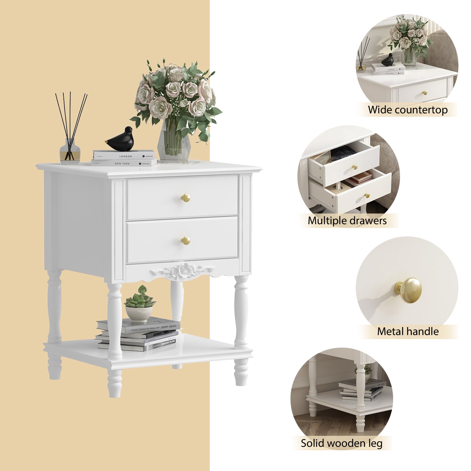 End Table Side Table Bedroom Night Stand Bedside Embossed Table with 2 Drawers & Open Shelf