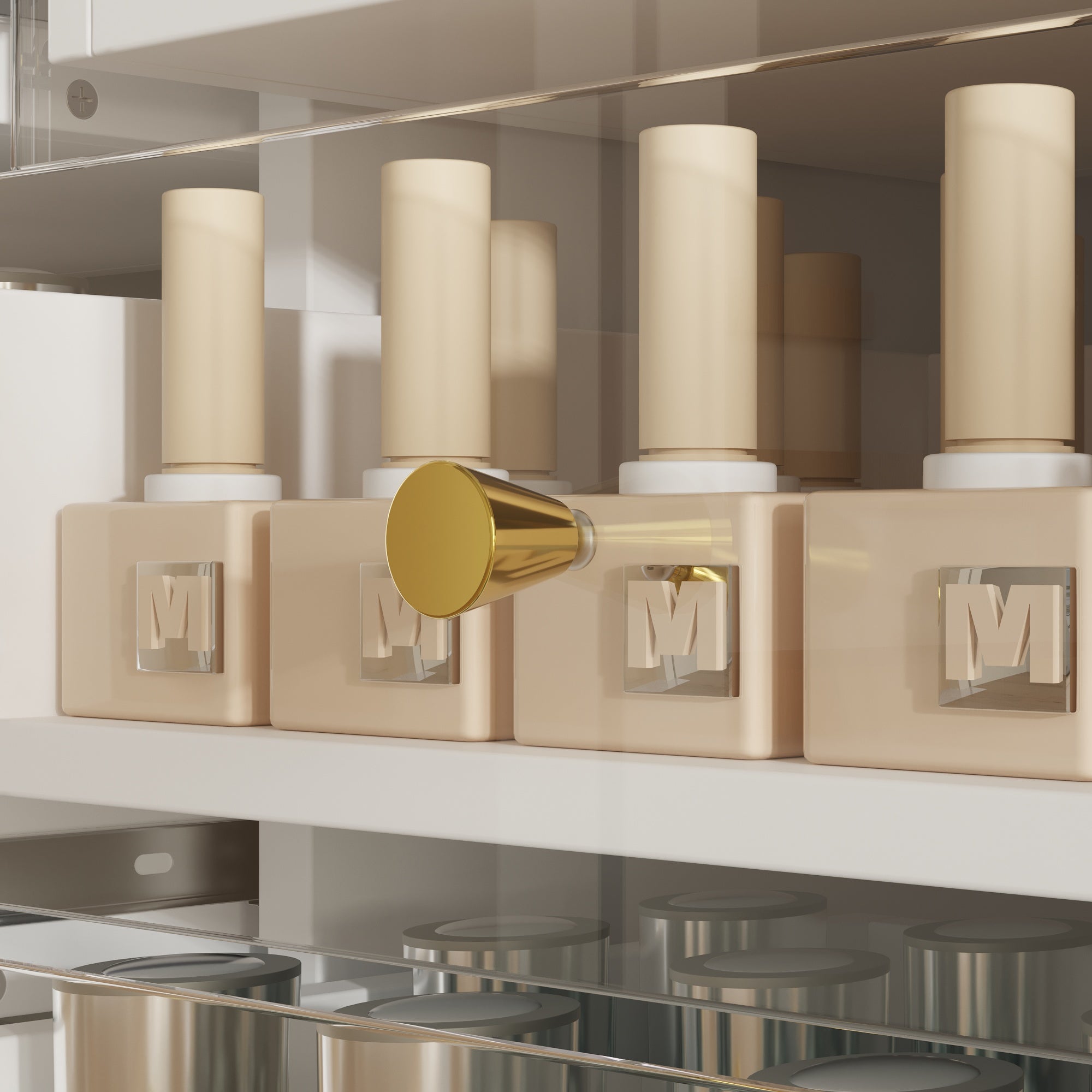 White nail polish storage cabinet with clear drawers, shelves, and side cabinet door