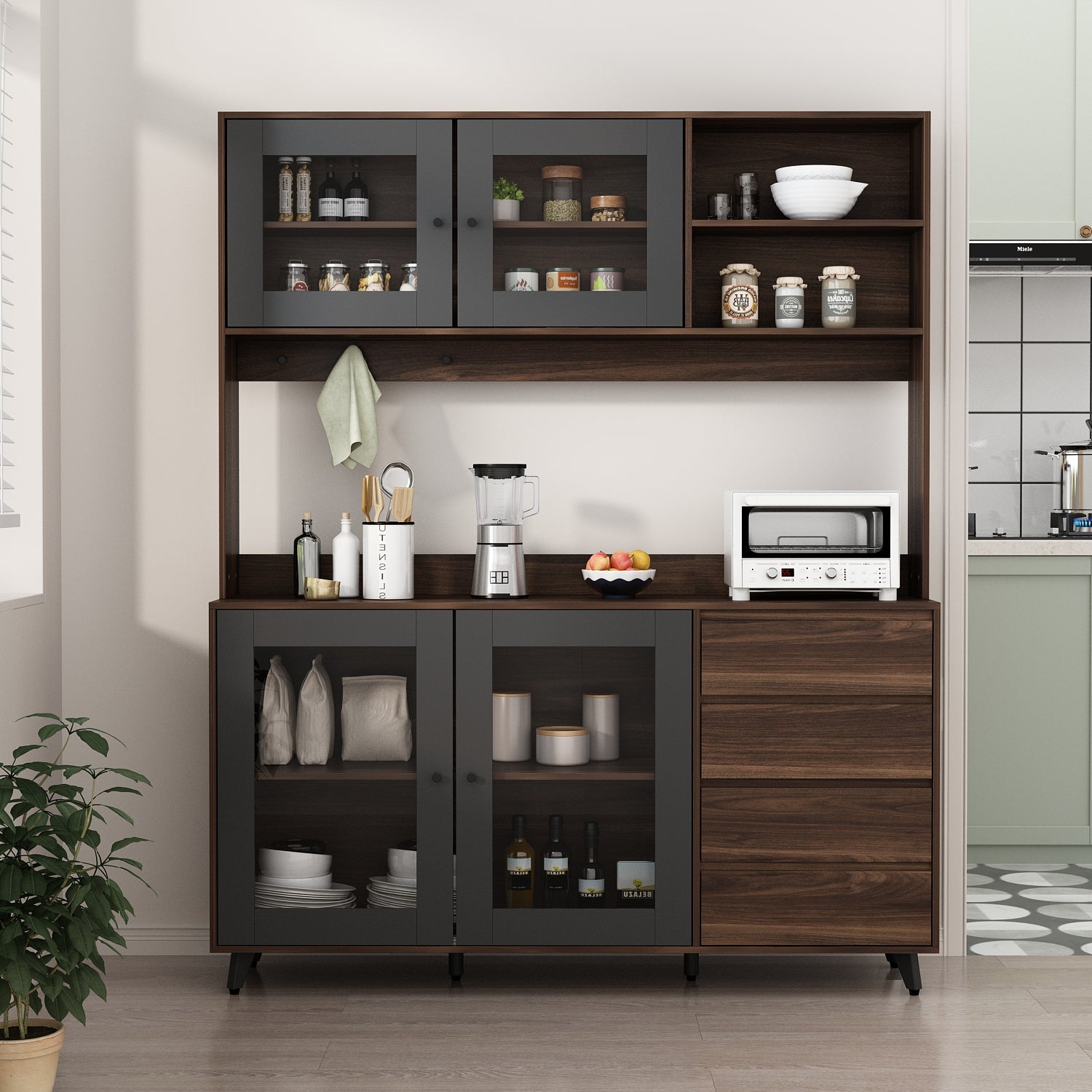 Storage Sideboard Cabinet Cupboard with Drawers and Glass Doors for Kitchen Organization
