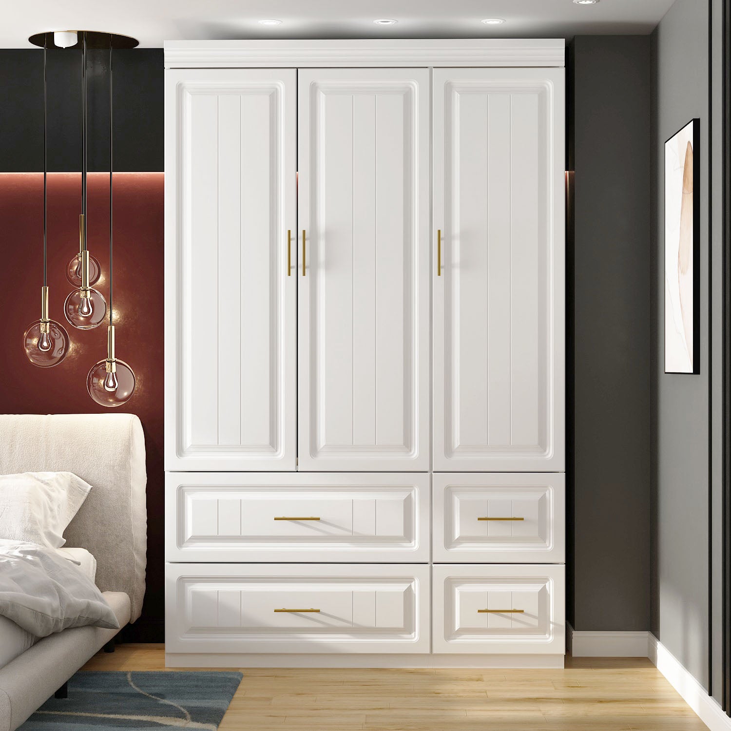 White wardrobe with gold handles in a modern bedroom setting