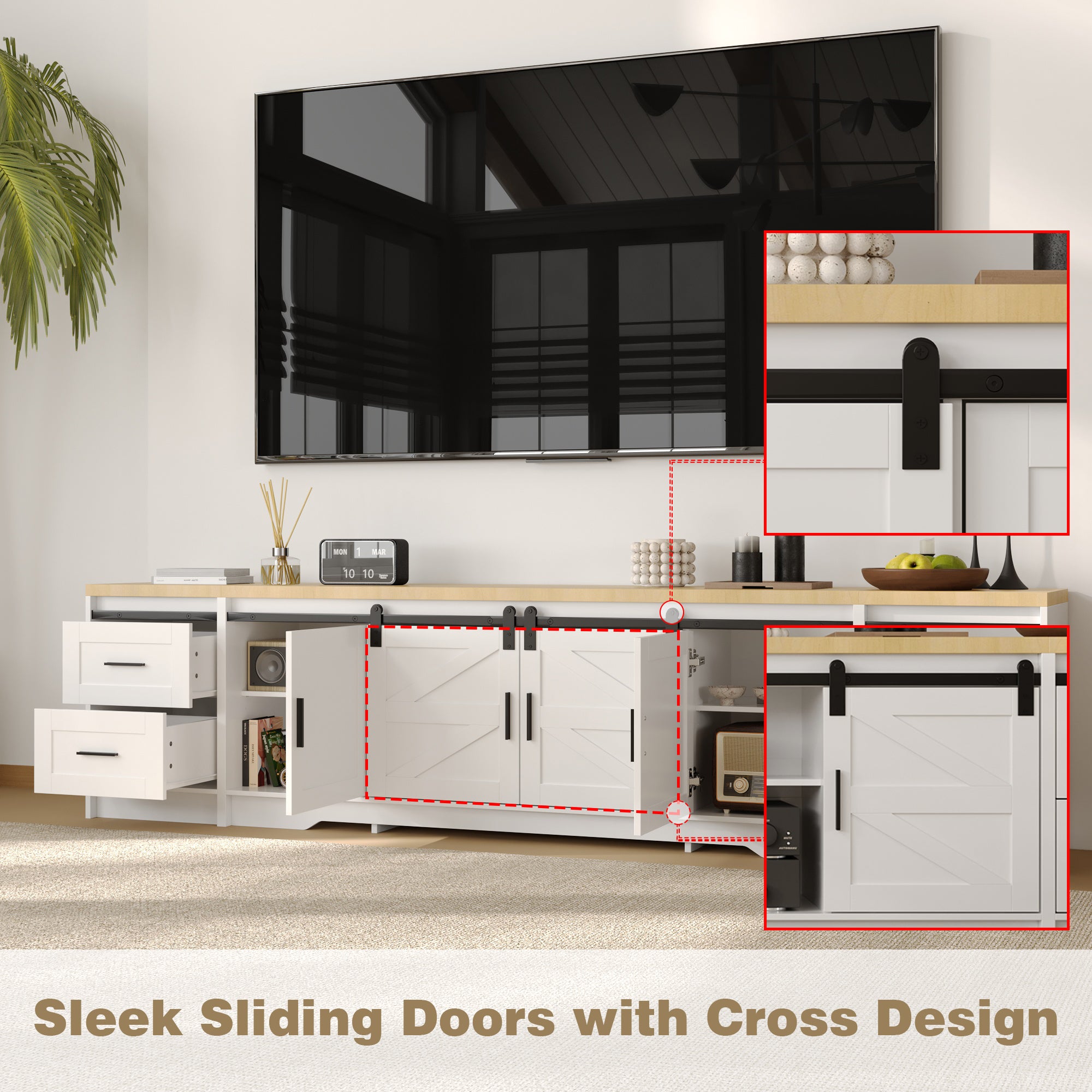 94.5 inches Modern White Extra Long Barn Door TV Stand with 4 Drawers, Sliding Doors and Adjustable Shelves