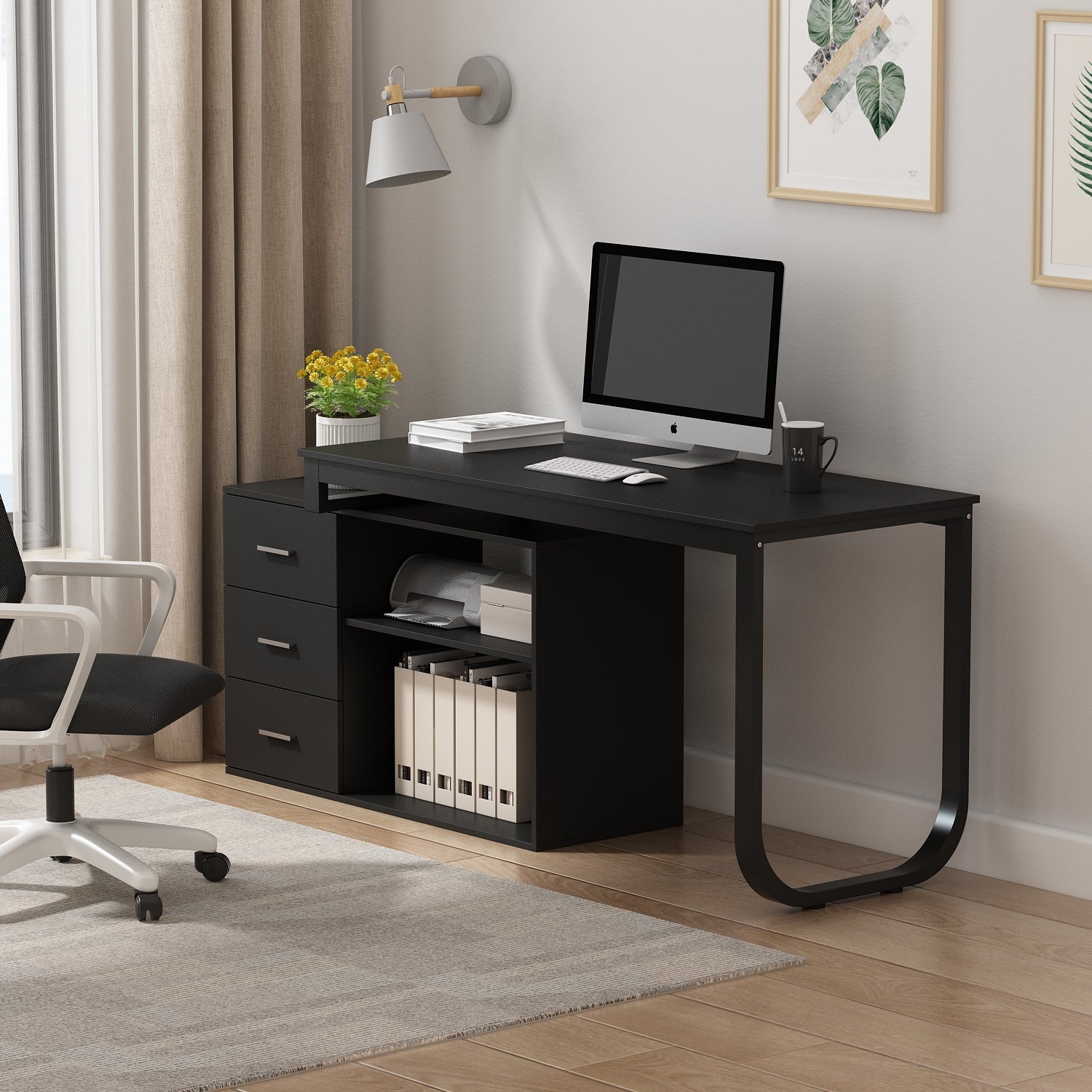 Home Office Computer Desk Corner Desk with 3 Drawers and 2 Shelves, 55 Inch Large L-Shaped Study Writing Table with Storage Cabinet