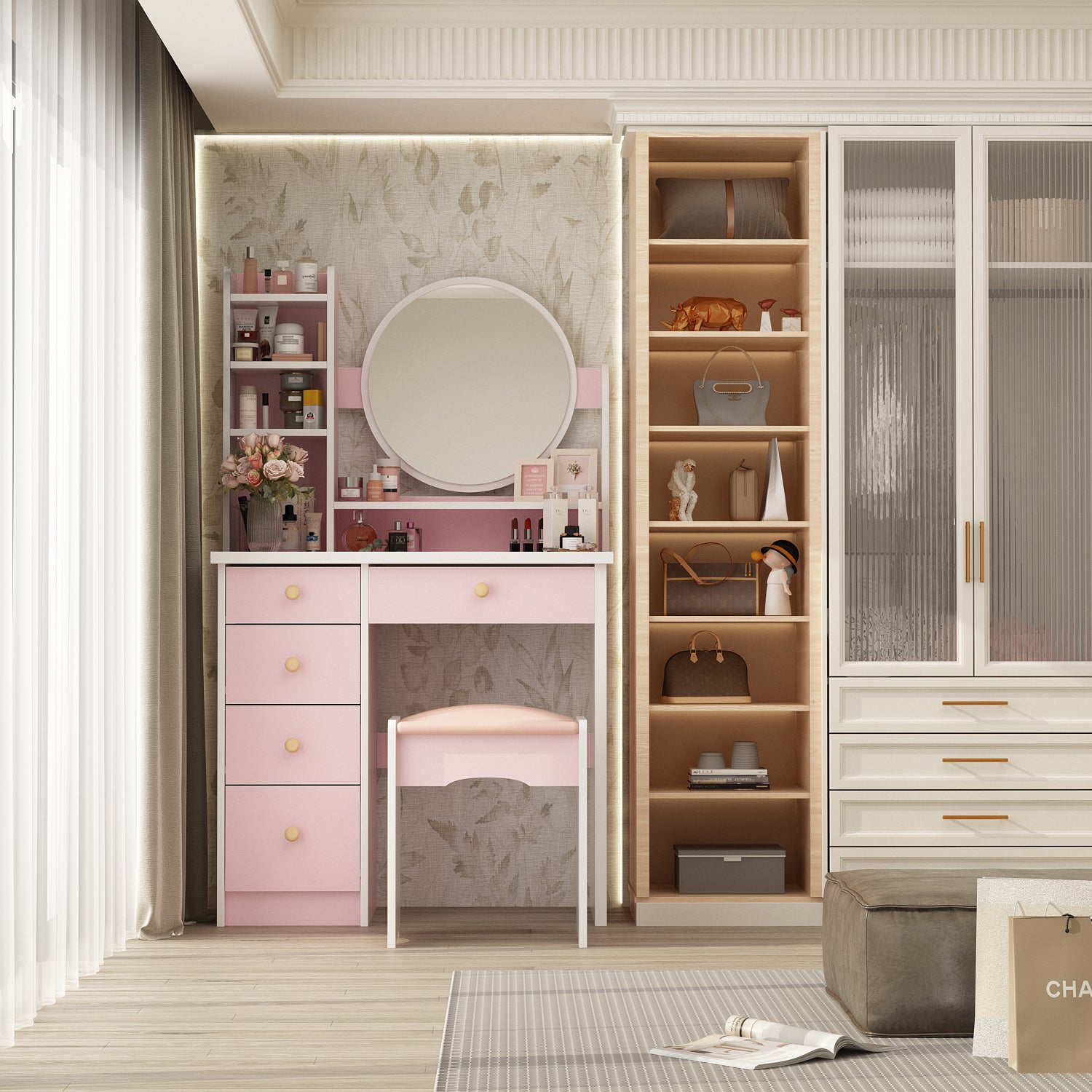 Makeup Vanity Set with Cushioned Stool, 5 Drawers & Display Shelves