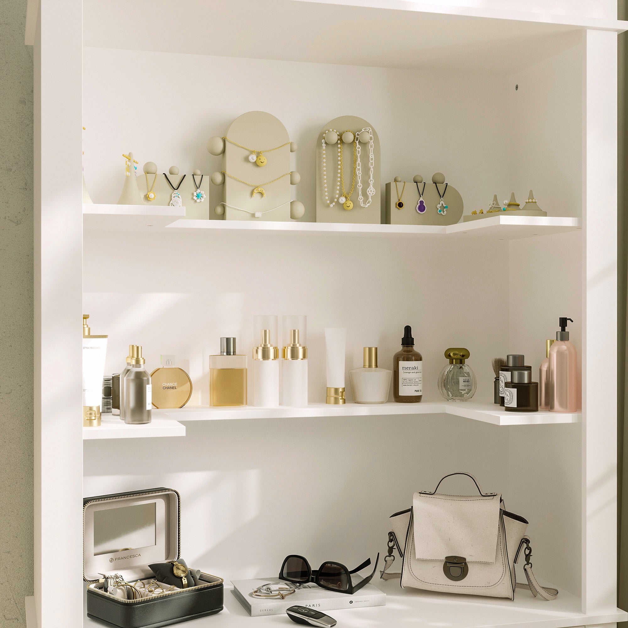Shelving unit with beauty products, jewelry, and a handbag against a neutral wall.