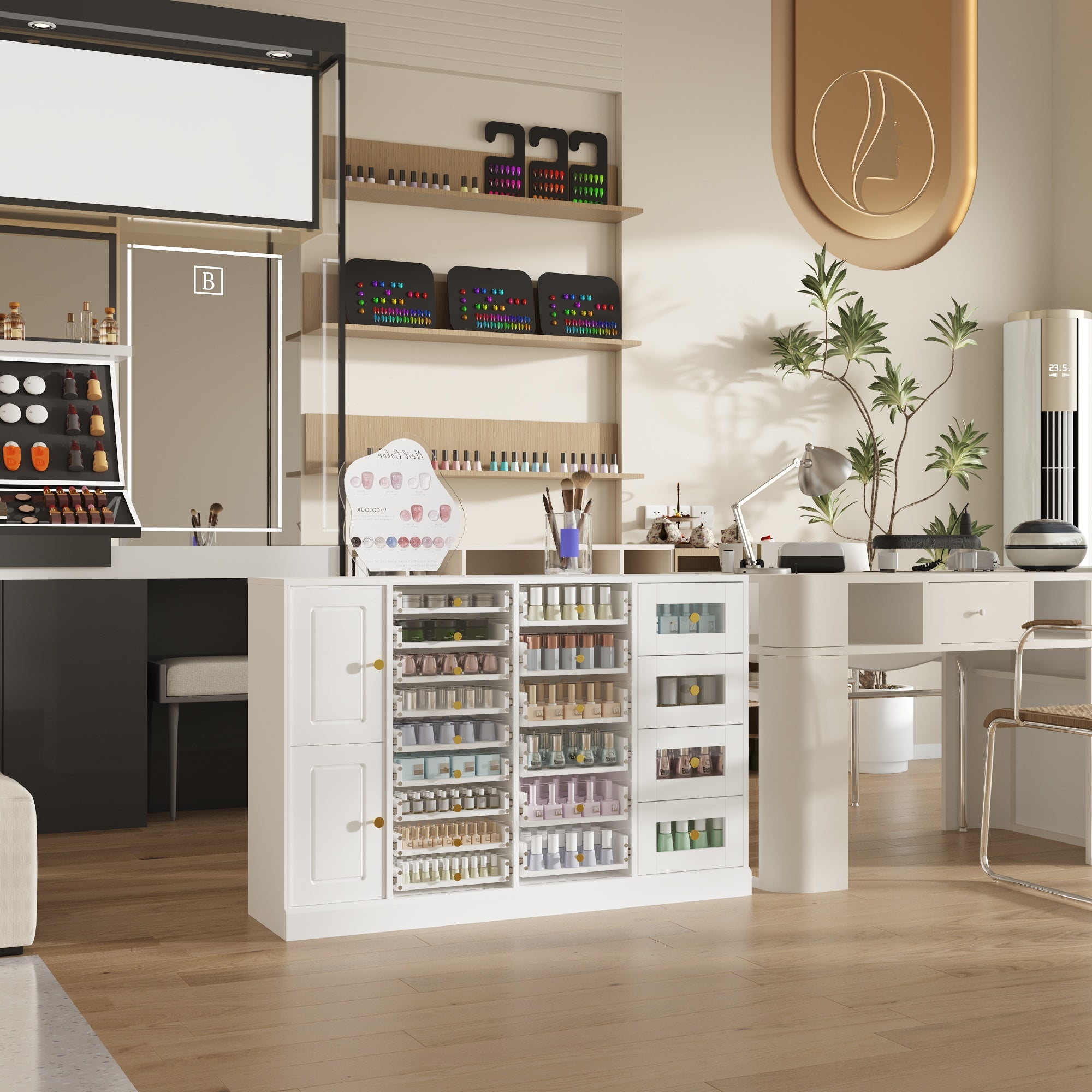 White nail polish storage cabinet with clear drawers, shelves, and side cabinet door