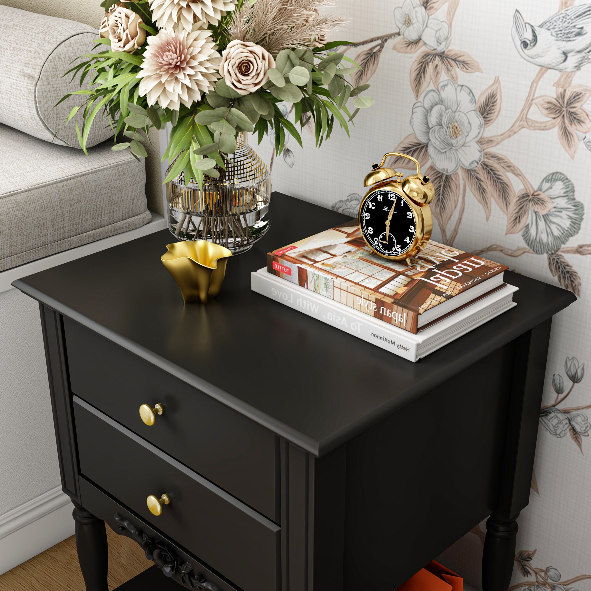 End Table Side Table Bedroom Night Stand Bedside Embossed Table with 2 Drawers & Open Shelf