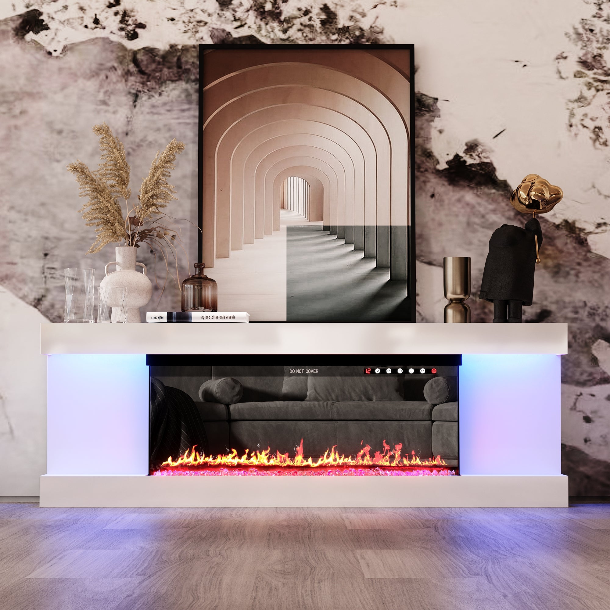 White TV stand with electric fireplace and LED lighting