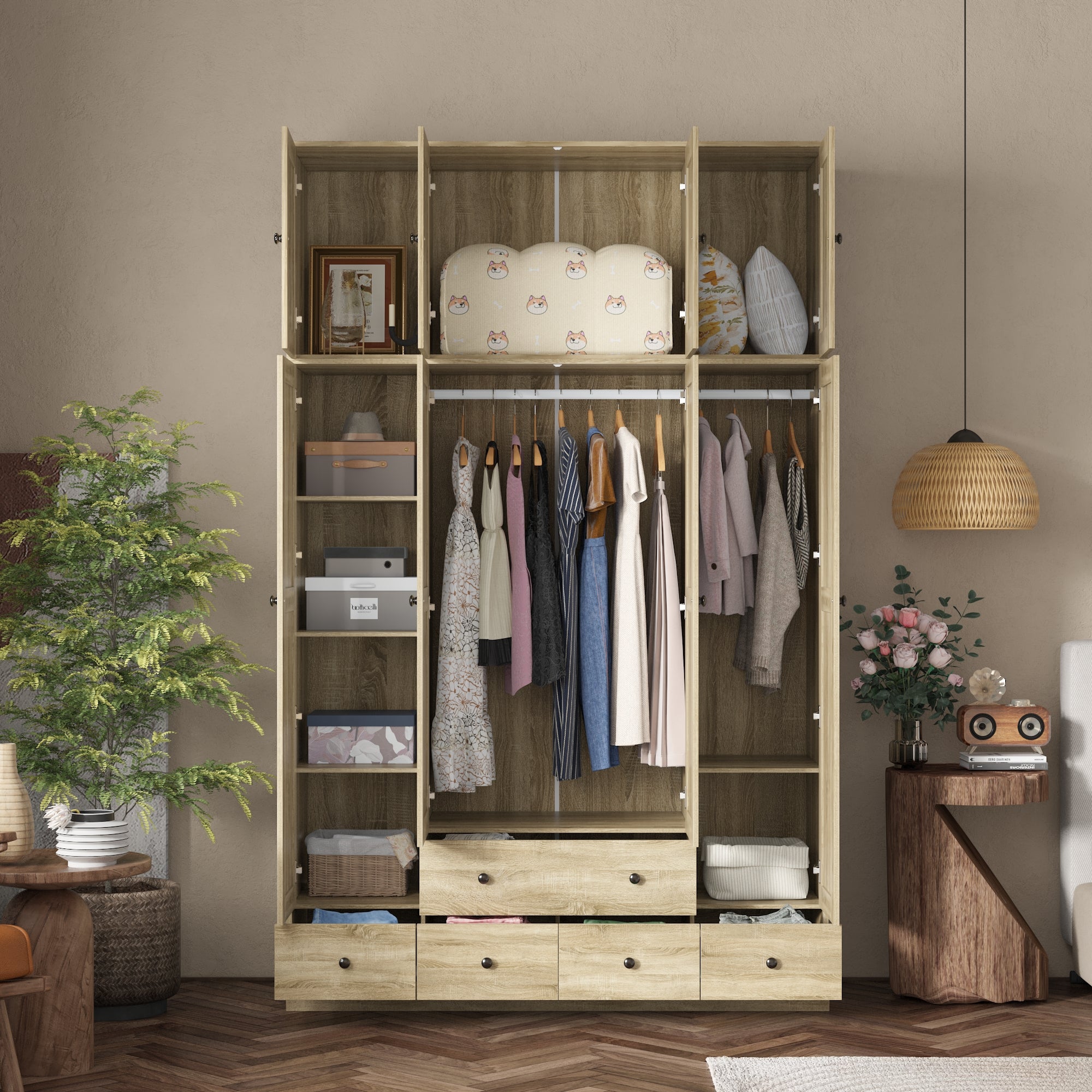 Rustic Four-Door Wardrobe With Rattan Paneling And Six-Drawer Storage