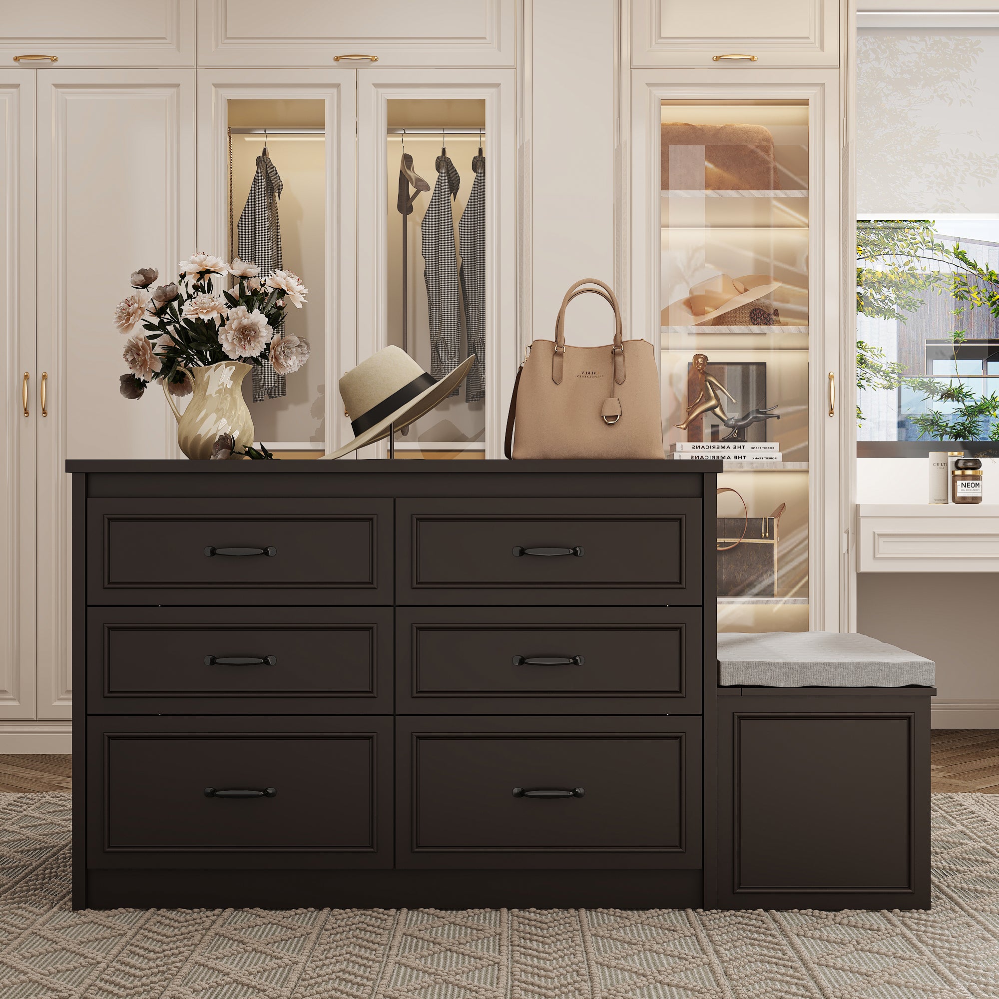 12-Drawer Closet Island With Built-In Shoe Bench