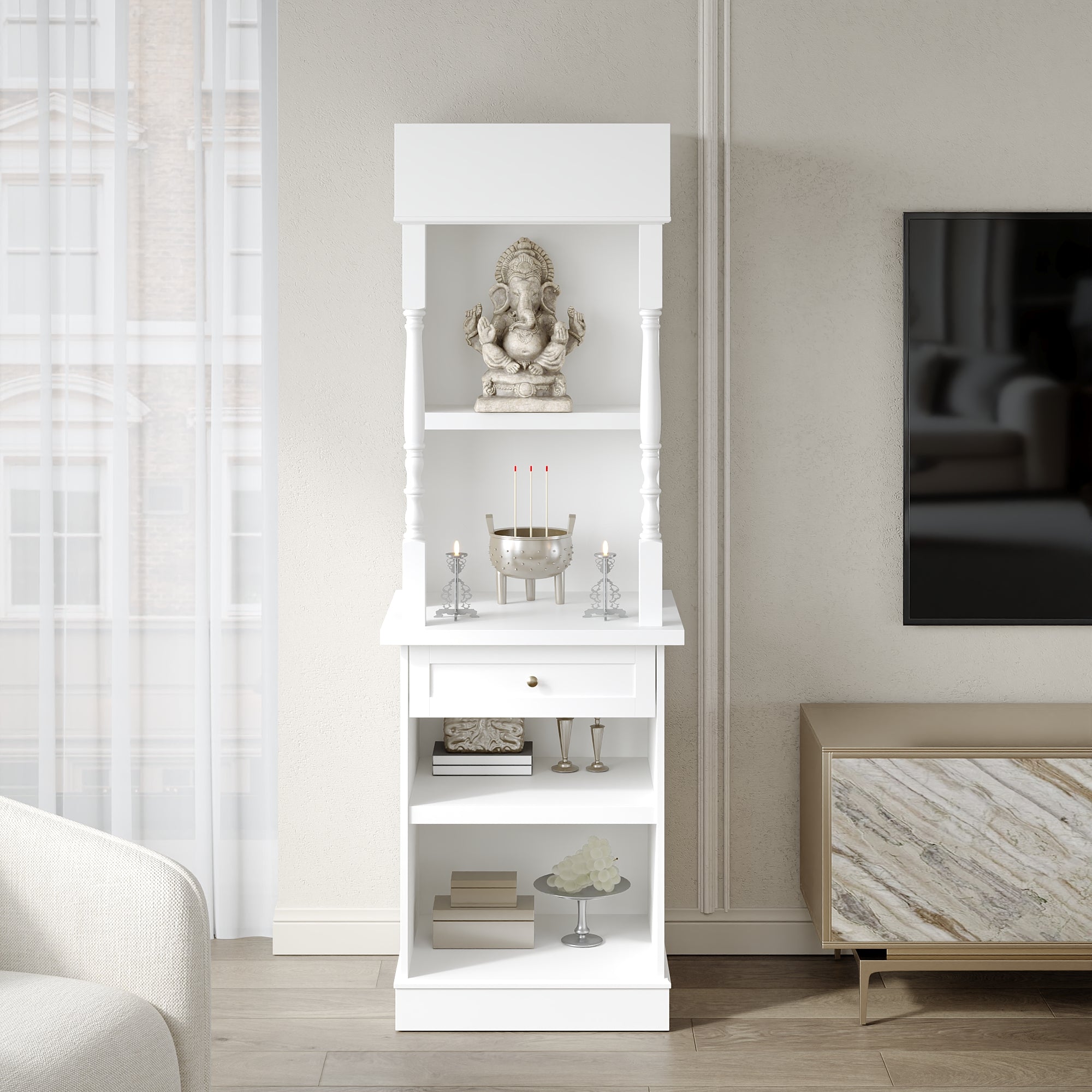 Modern White Tall Cabinet With 4 Open Shelves & 1 Drawer